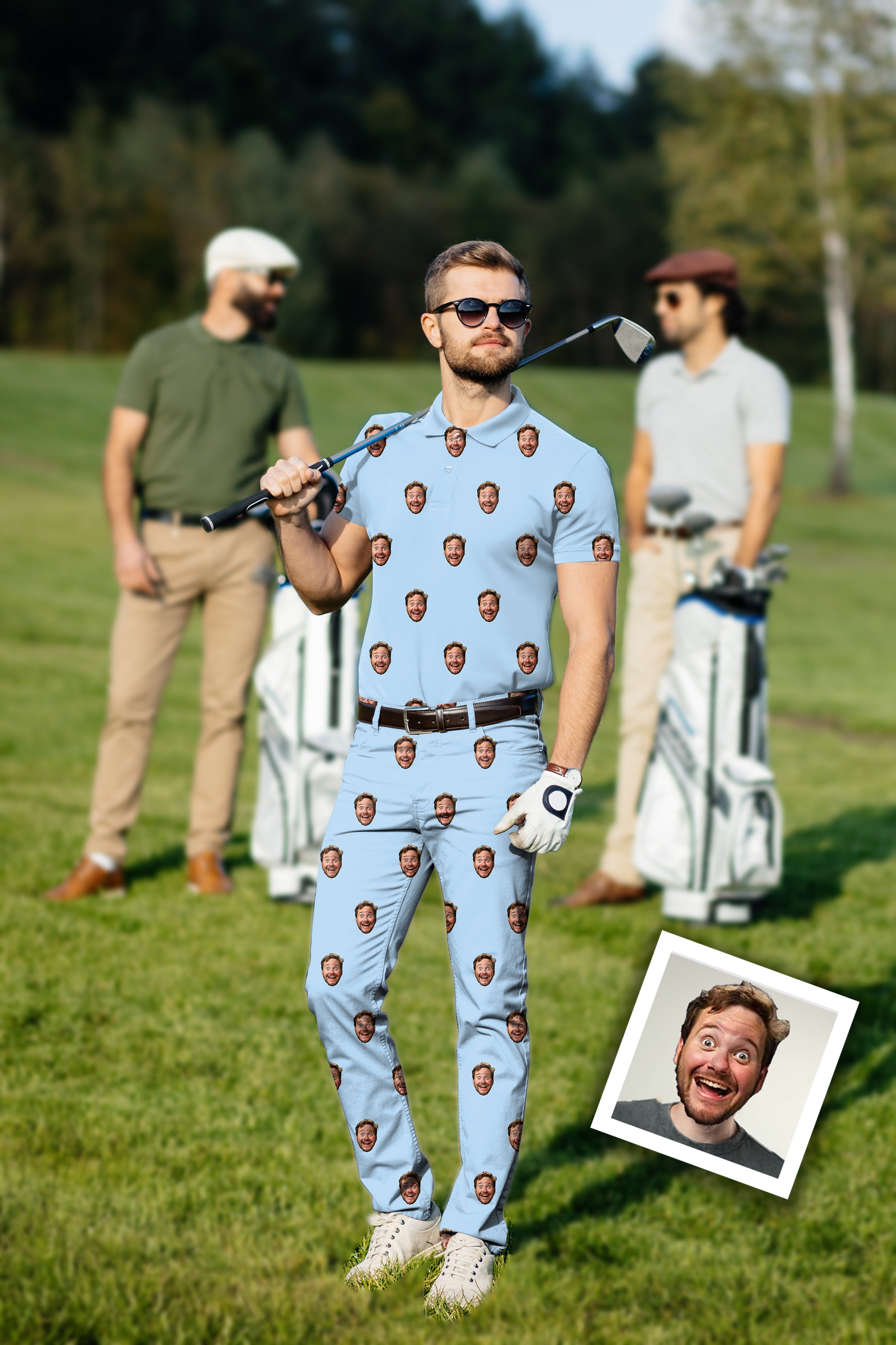 Men's Golf Set Polo+Pants Custom Photo Funny Face