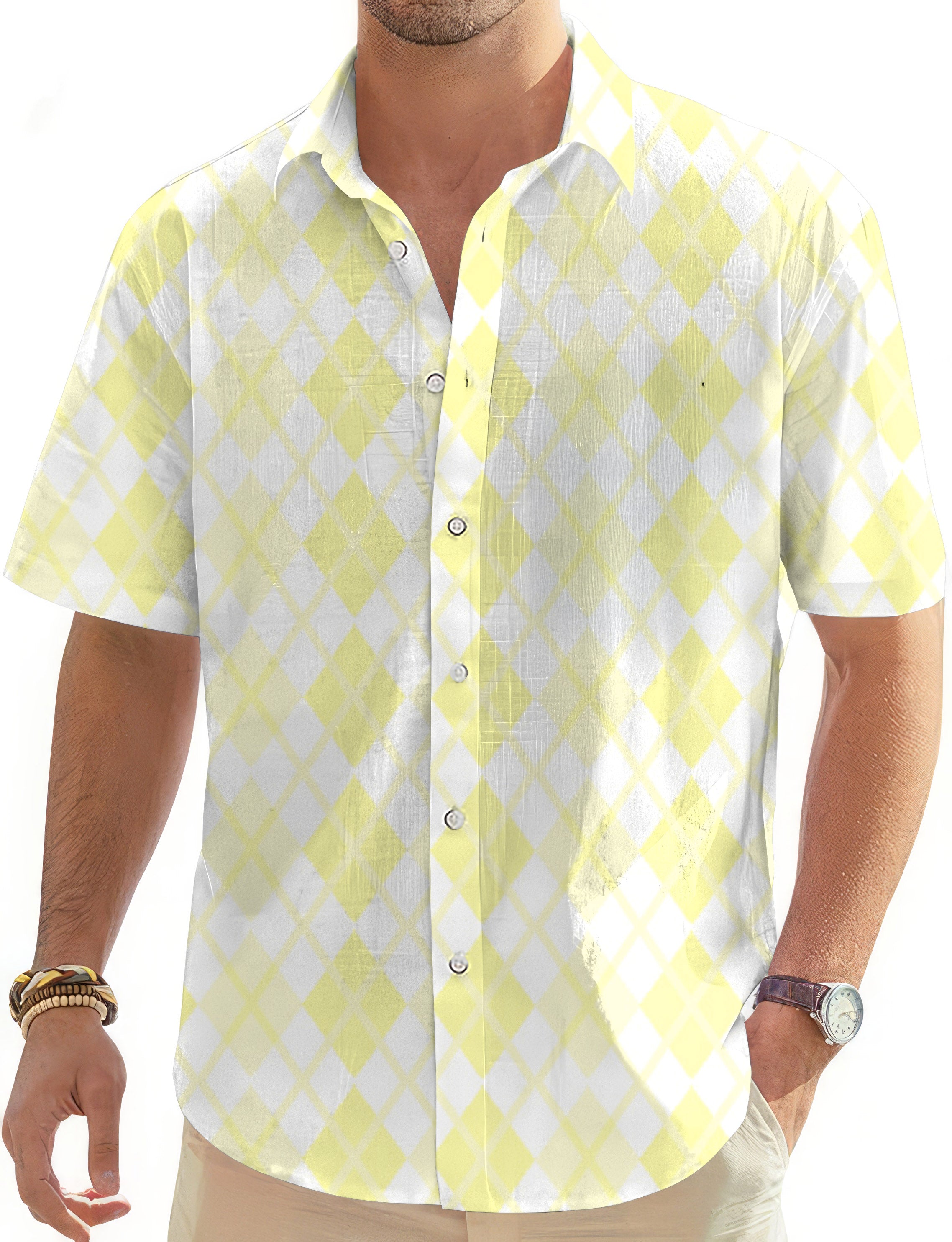 Argyle yellow grid-Men's Golf Hawaiian Shirts Button Down Shirt