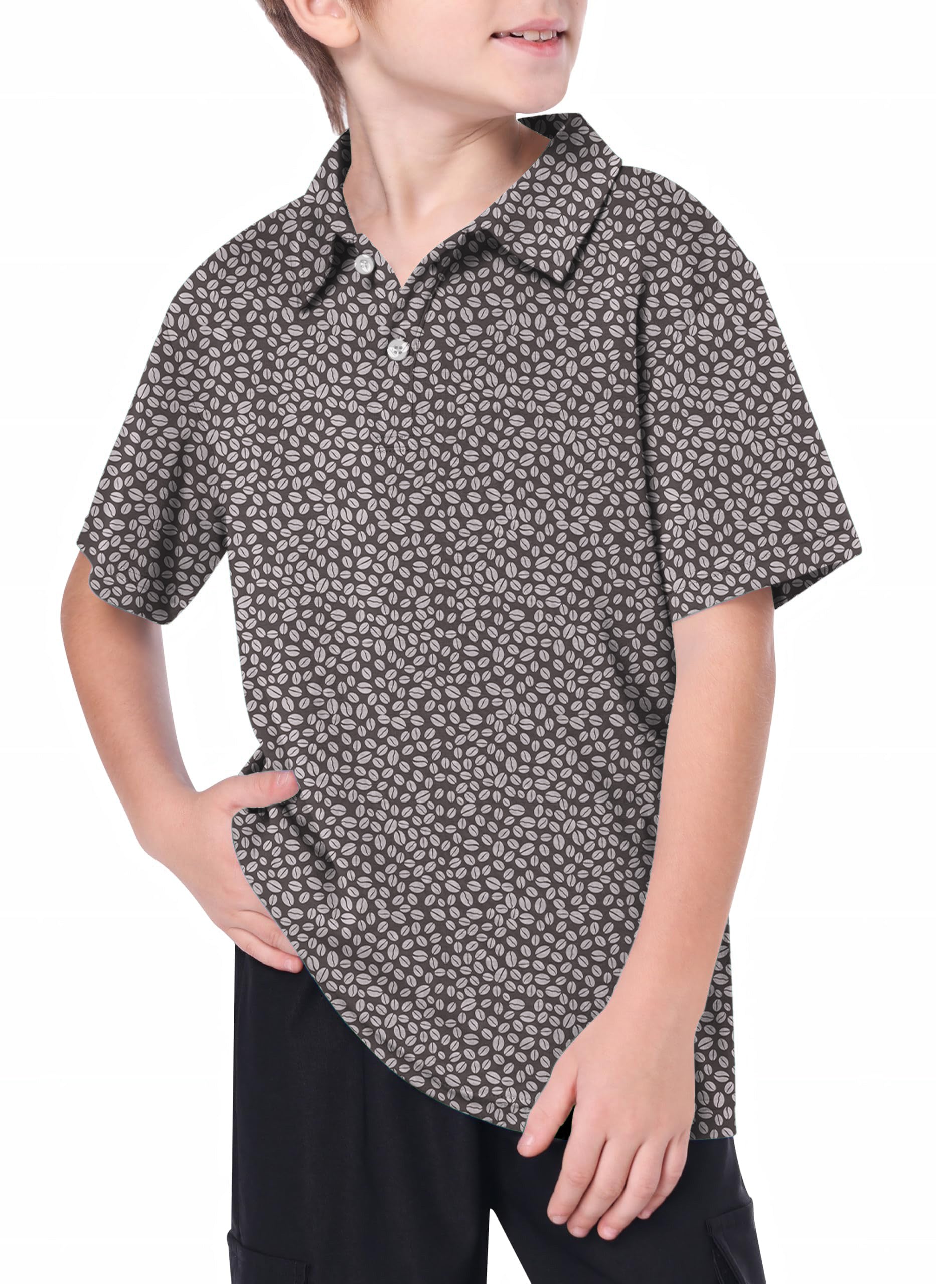 Youth Golf Polo with Coffee Beans Print, moisture-wicking, wrinkle-resistant, UPF 40+, and 4-way stretch for boys