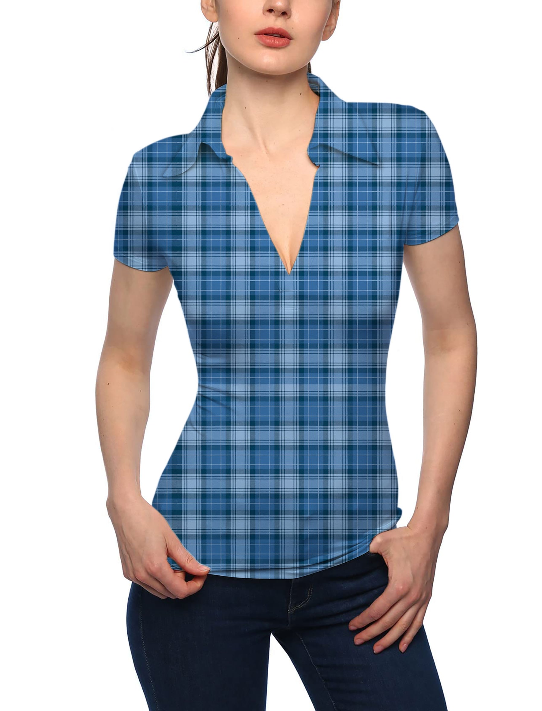 Women's Blue grid V Neck Golf Polo