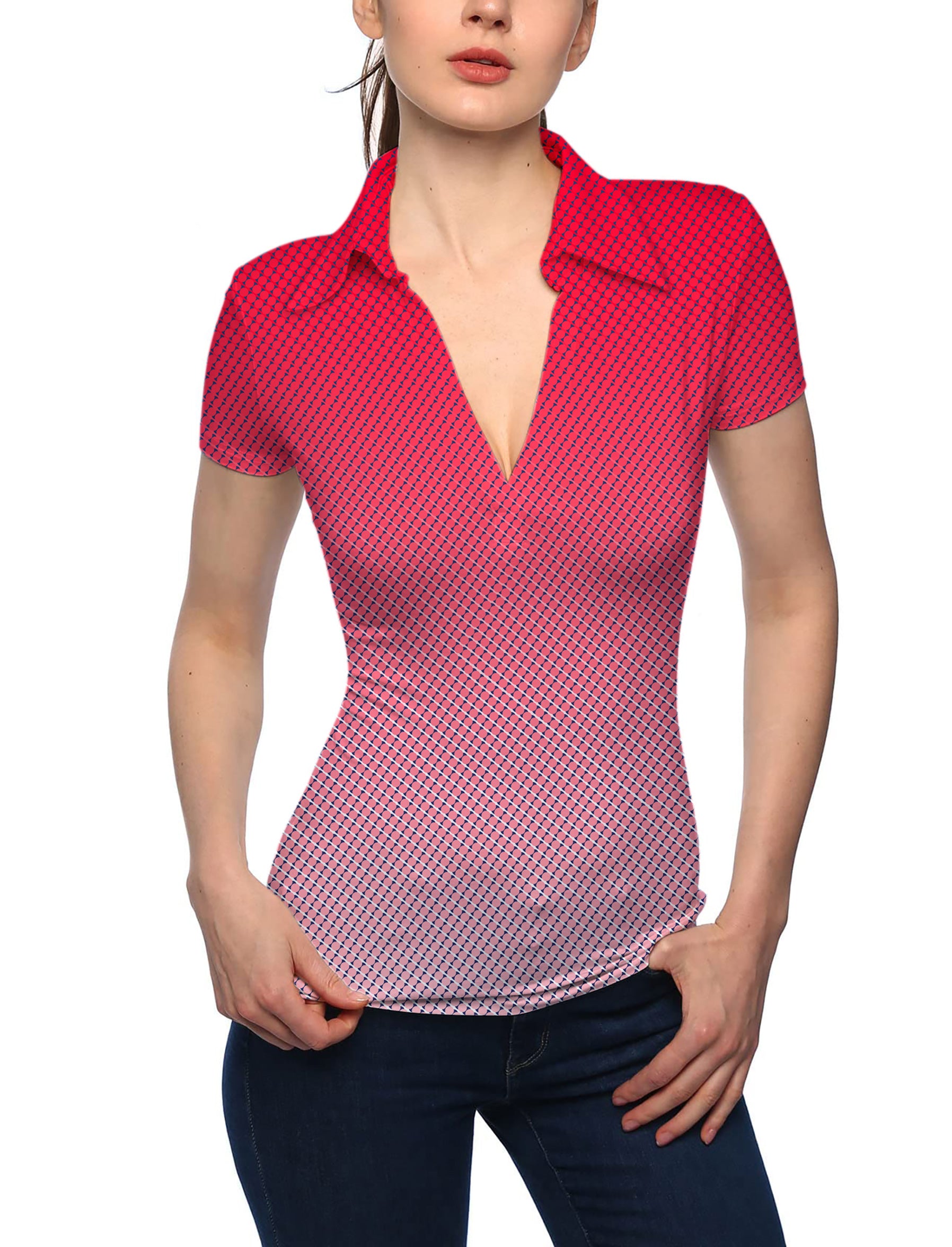 Women's Red Gradient V Neck Golf Polo