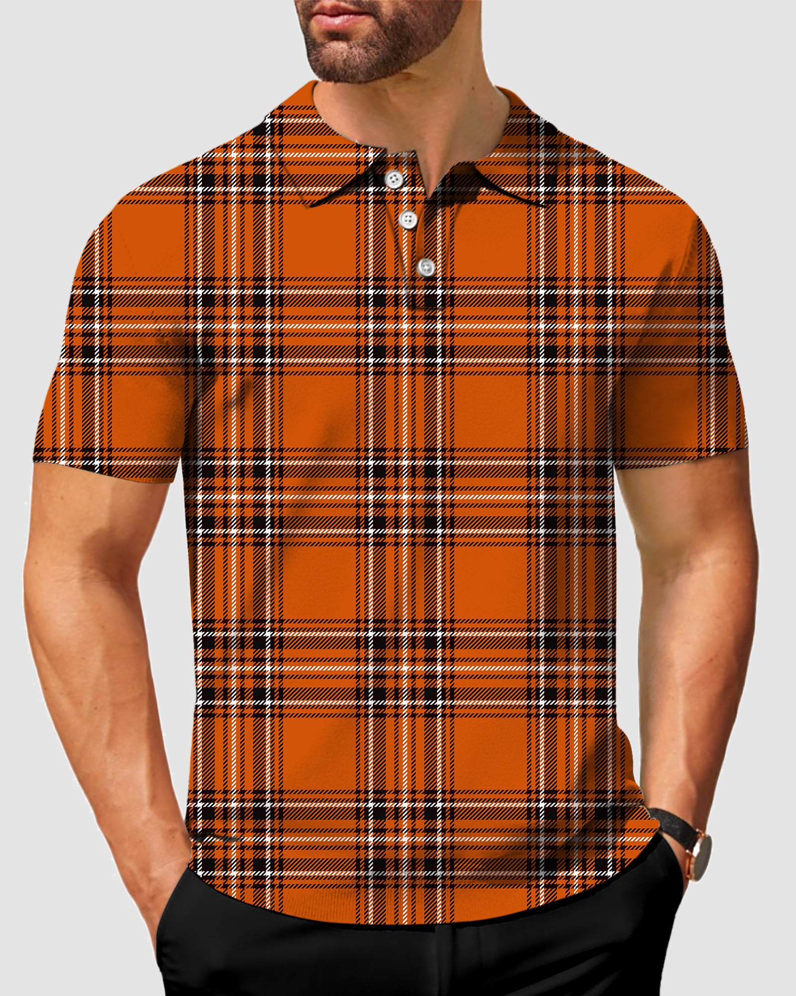 Men's Halloween yellow white black grid Polo