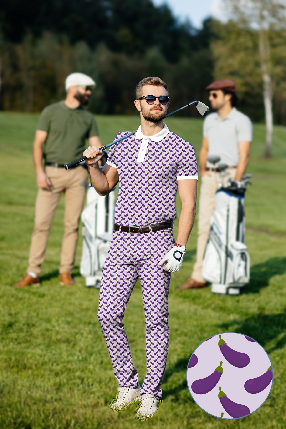 Men's Golf Set Polo+Pants Purple eggplant