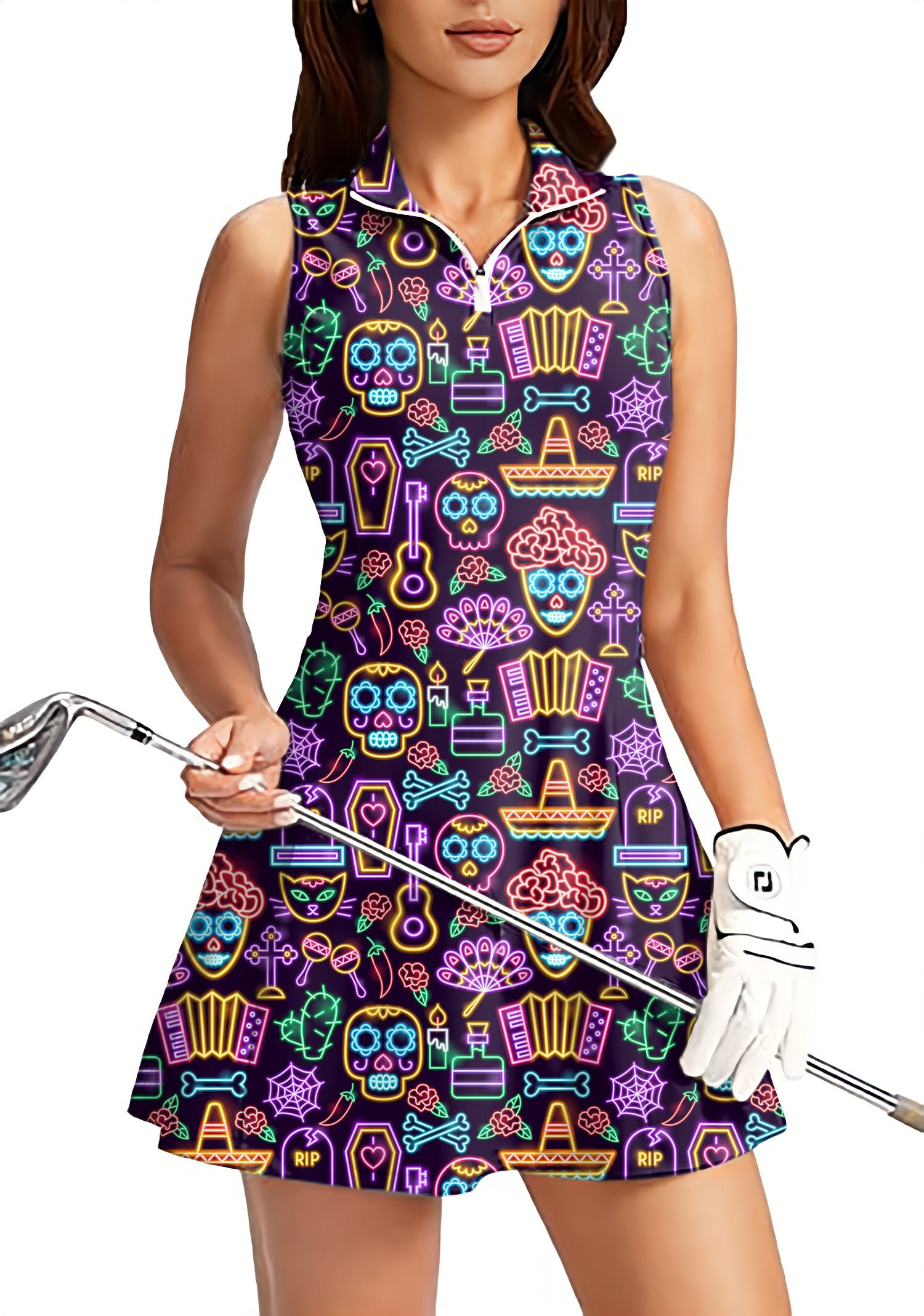 Joker Neon Women's Golf Sleeveless Zipper Dresses with Built in Shorts