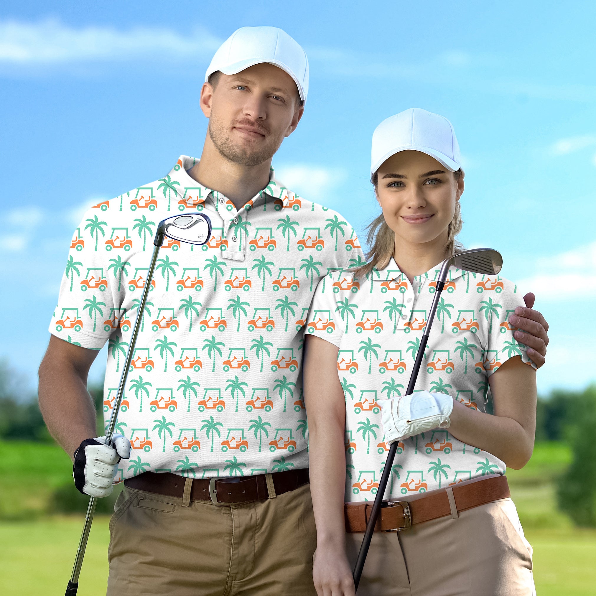 Golf Polo Couple Family set Palm trees and golf carts