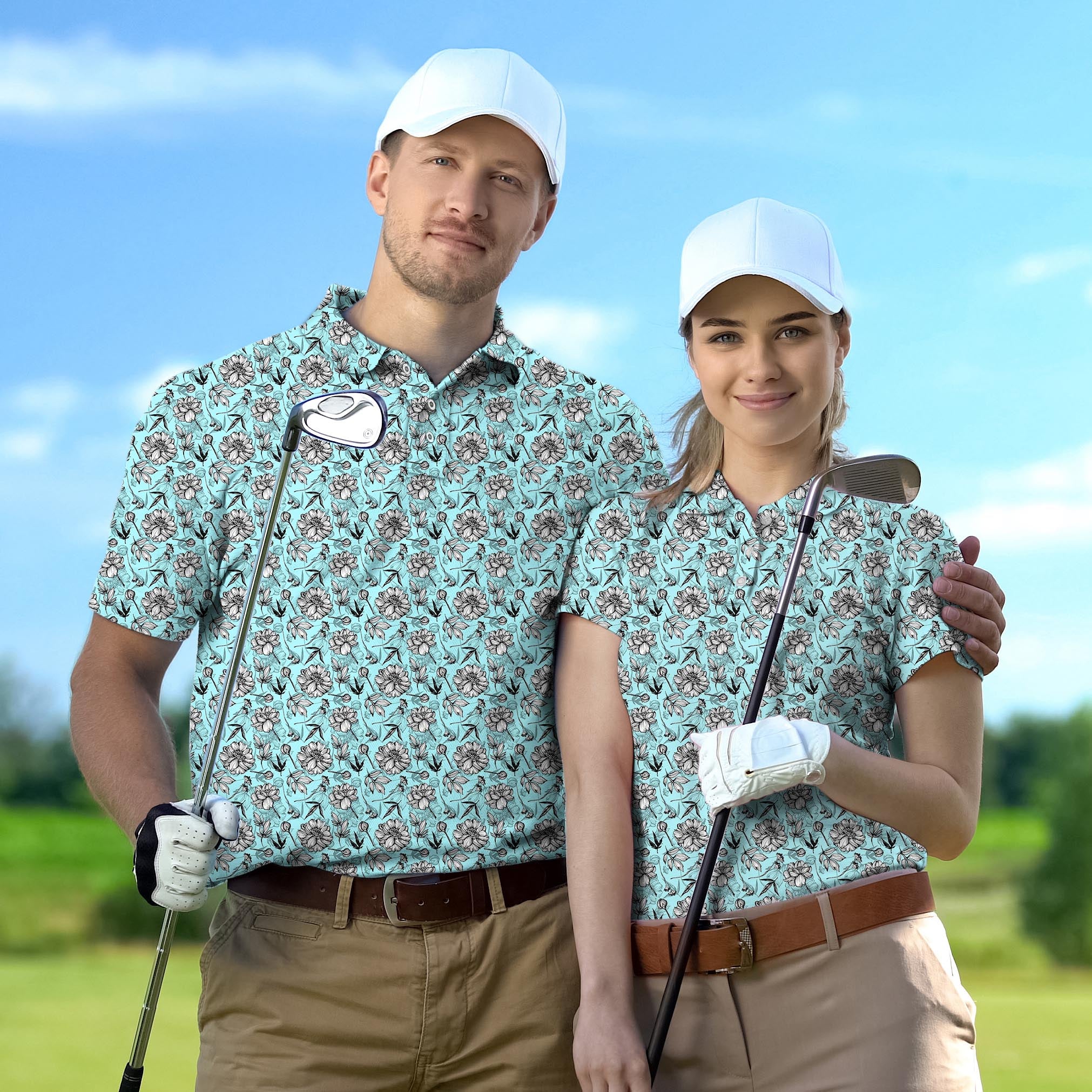 Golf Polo Couple Family set Blue Tropics