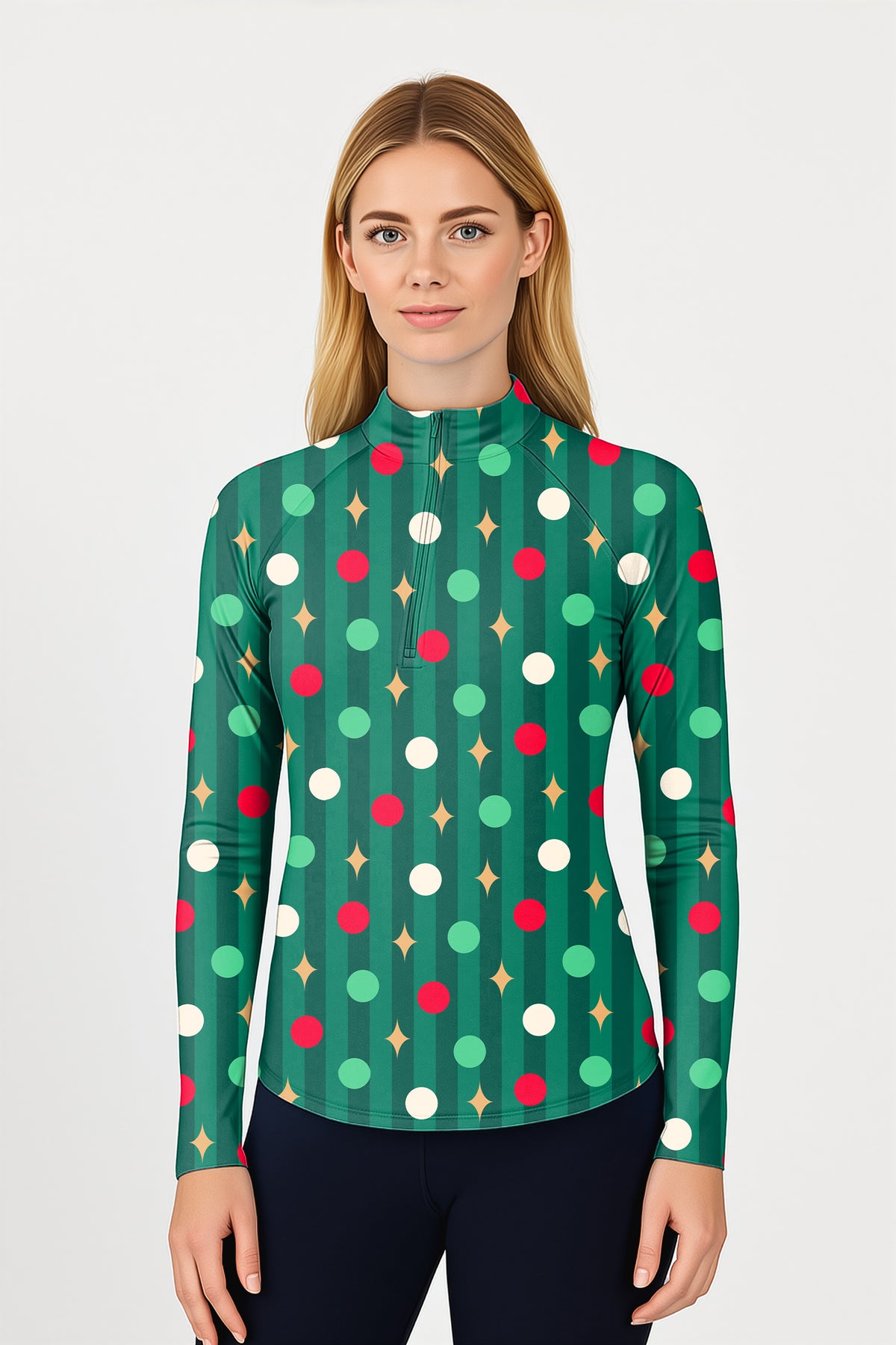 Green Christmas Lollipops Women's Golf Active 3/4 Zipper Top Long Sleeves