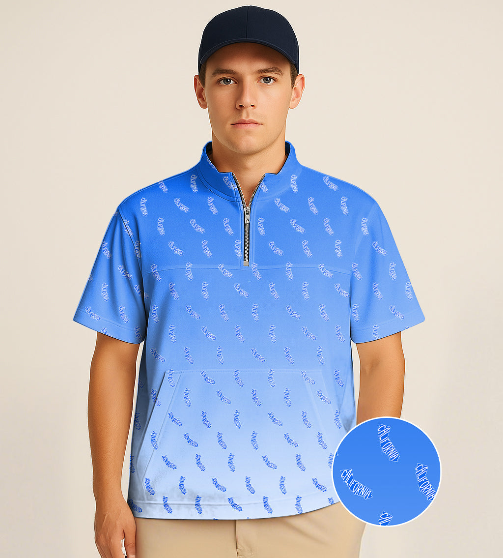 Men's Short Sleeve Quarter Zip Golf Pullover Blue California Embroidery