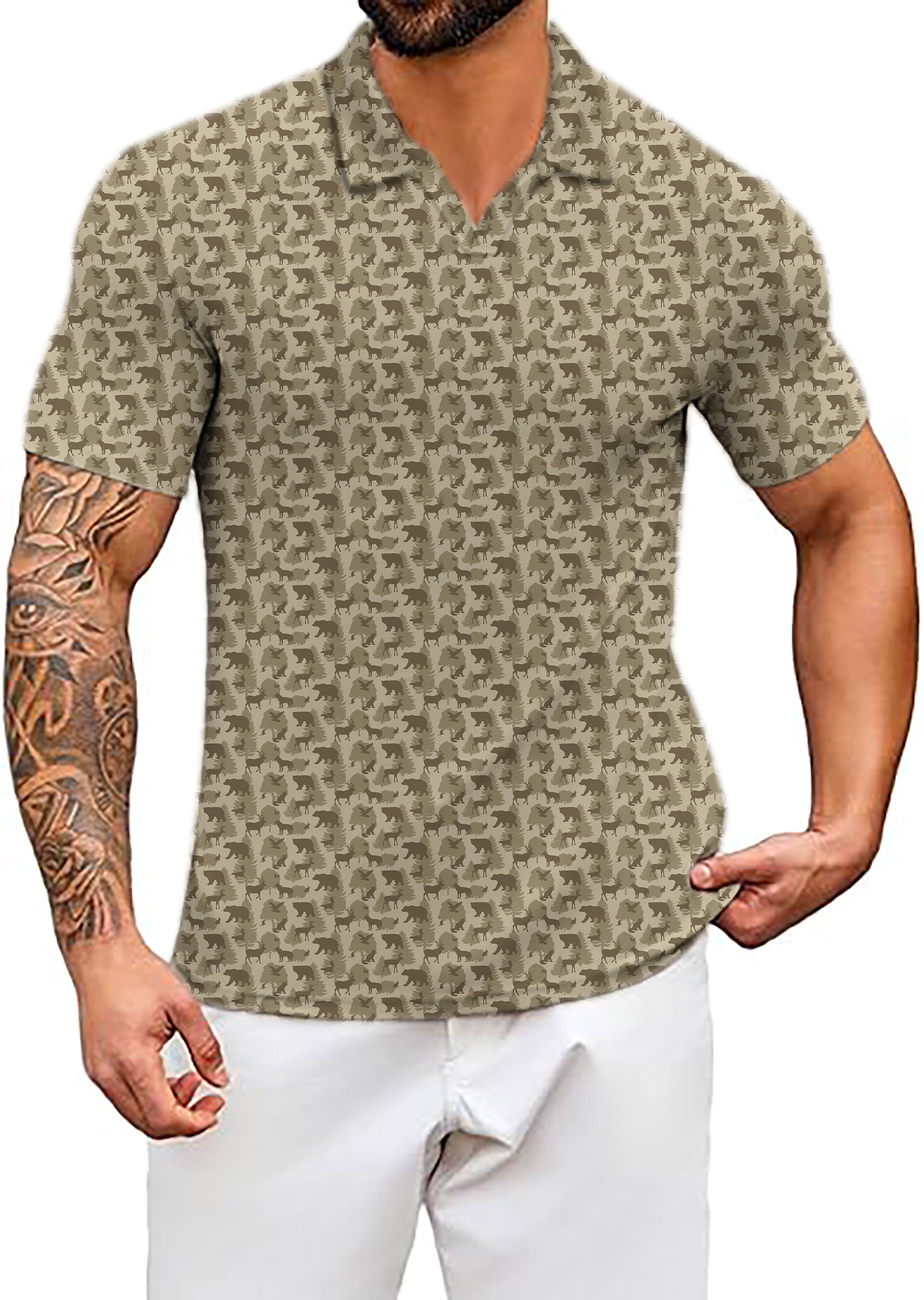 Men's Forest animal bear deer V Neck Golf Polo Shirts