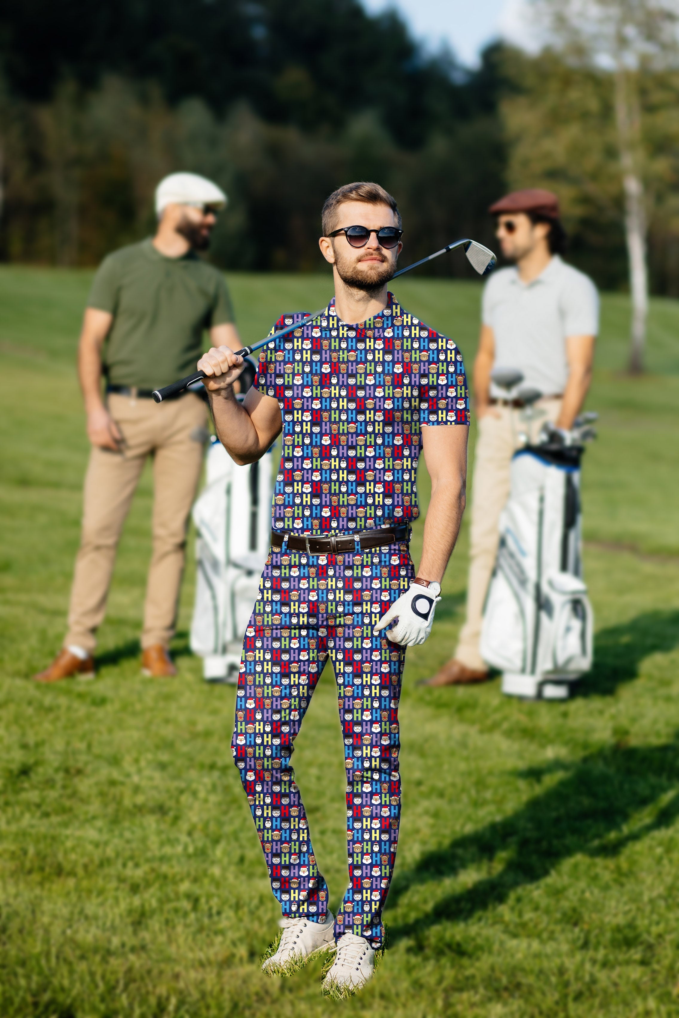 Men's golf set with cartoon elk Christmas polo and pants, stretchy moisture-wicking fabric, wrinkle-resistant, UPF 40+ protection