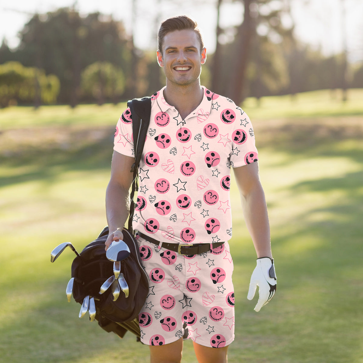 Men's Golf Set Polo+Shorts Halloween pink smiley face
