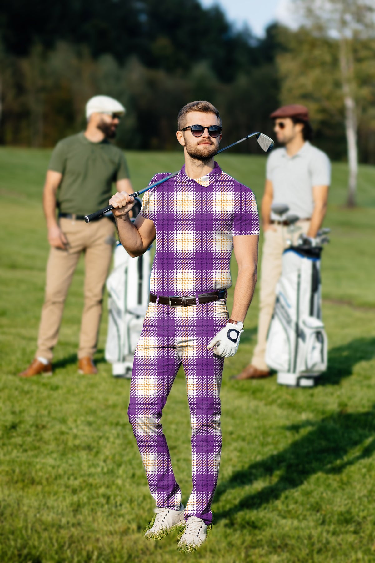 Men's Golf Set Polo+Pants Halloween purple and yellow grid pattern