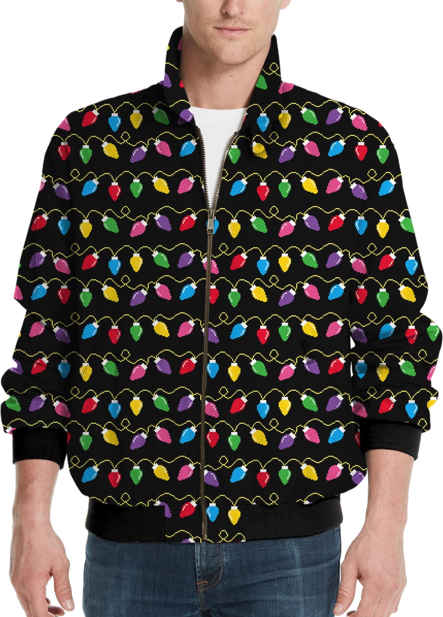 Christmas Lights Men's Golf Windbreaker with colorful holiday light pattern on black background