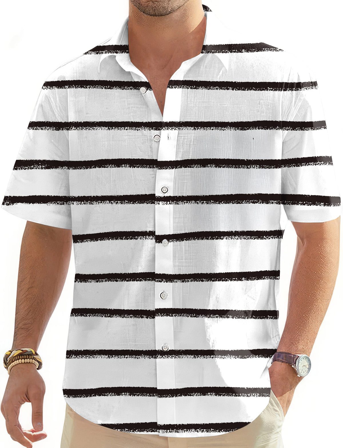 Black and white crayon-style stripes Men's Golf Hawaiian Shirts Button Down Shirt