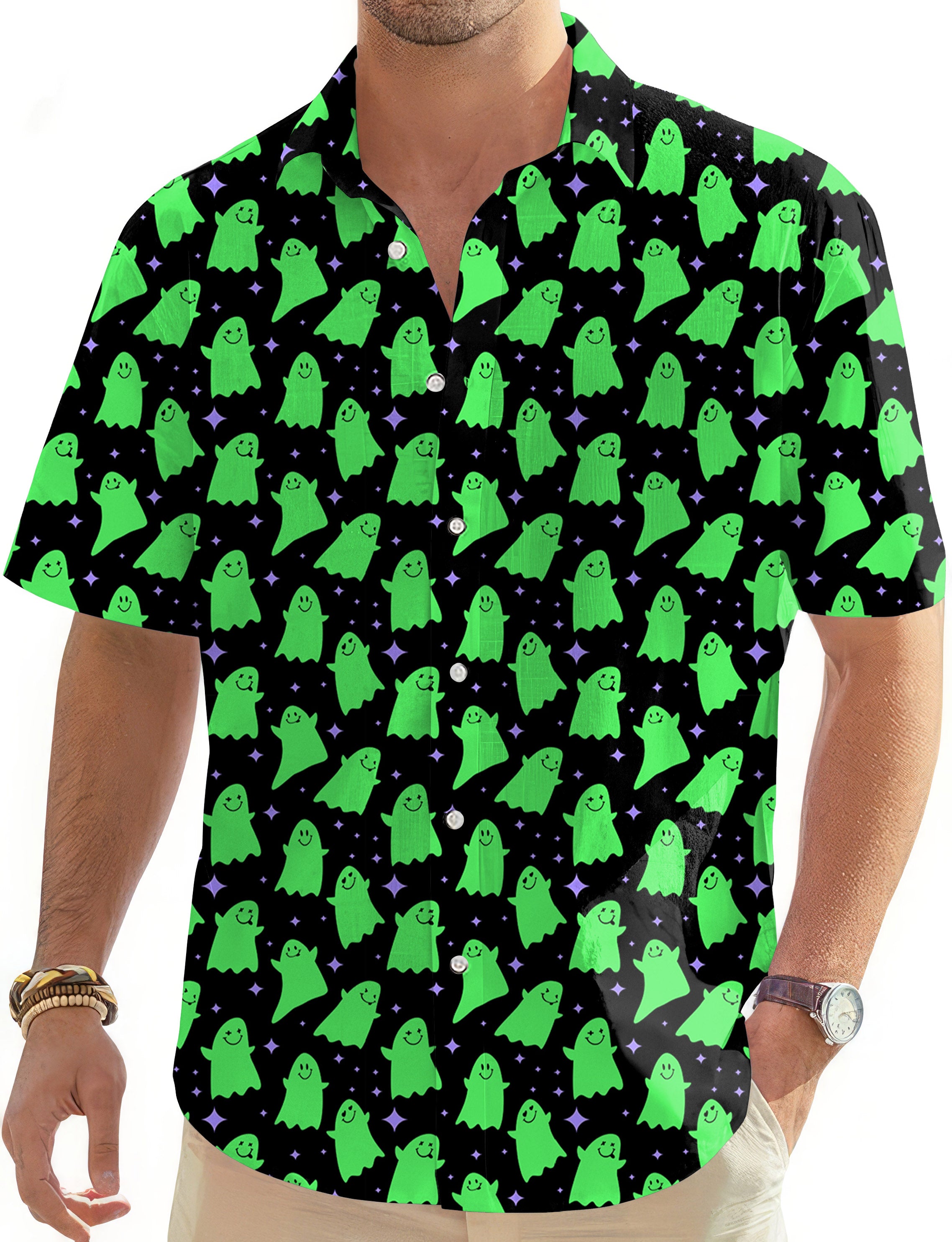 Halloween Green Ghost Men's Golf Hawaiian Shirts Button Down Shirt