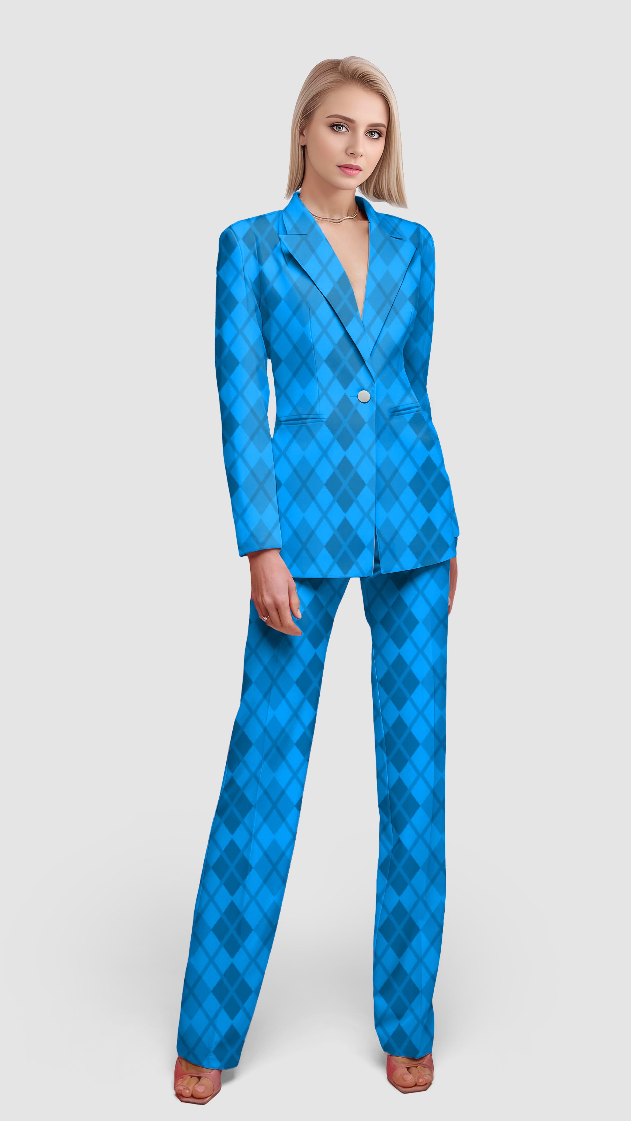 Argyle Blue grid -Women's Blazer Casual Work Office Blazer Suit set