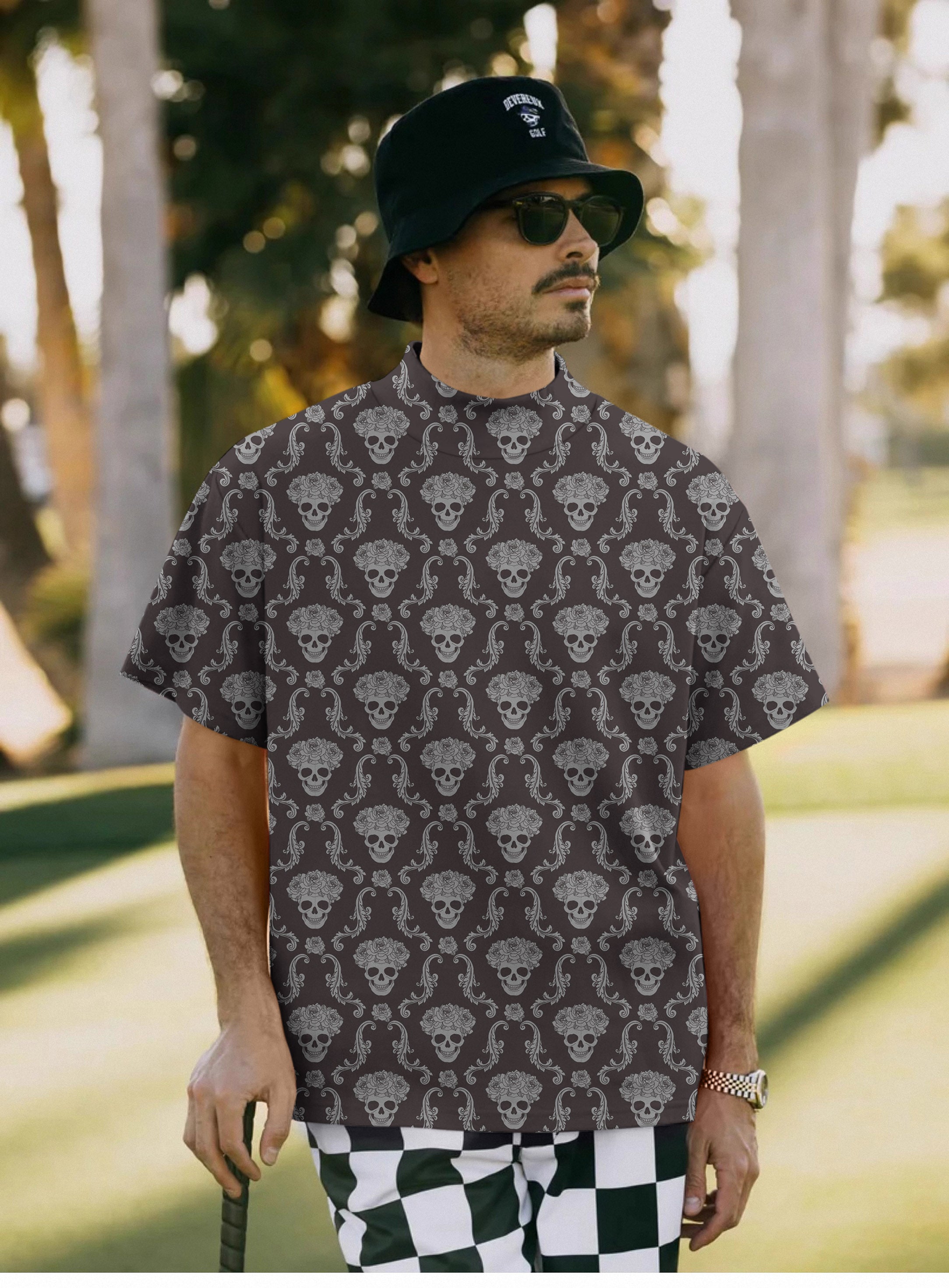 Men's Halloween Classic Skull Mock Neck Long/Short Sleeve Golf Tops