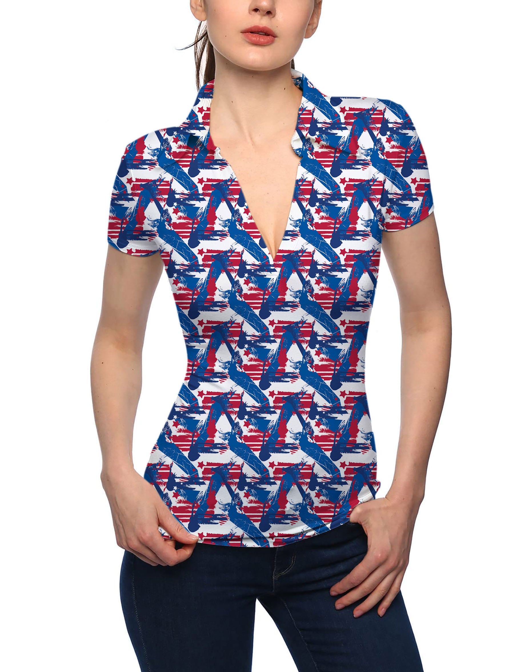 Women's silhouette statue of liberty V Neck Golf Polo