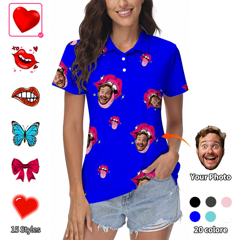 Valentine's Day custom photo face women's royal blue golf polo shirt with stretch, moisture-wicking fabric, wrinkle resistant, UPF 40+ protection, and classic fit