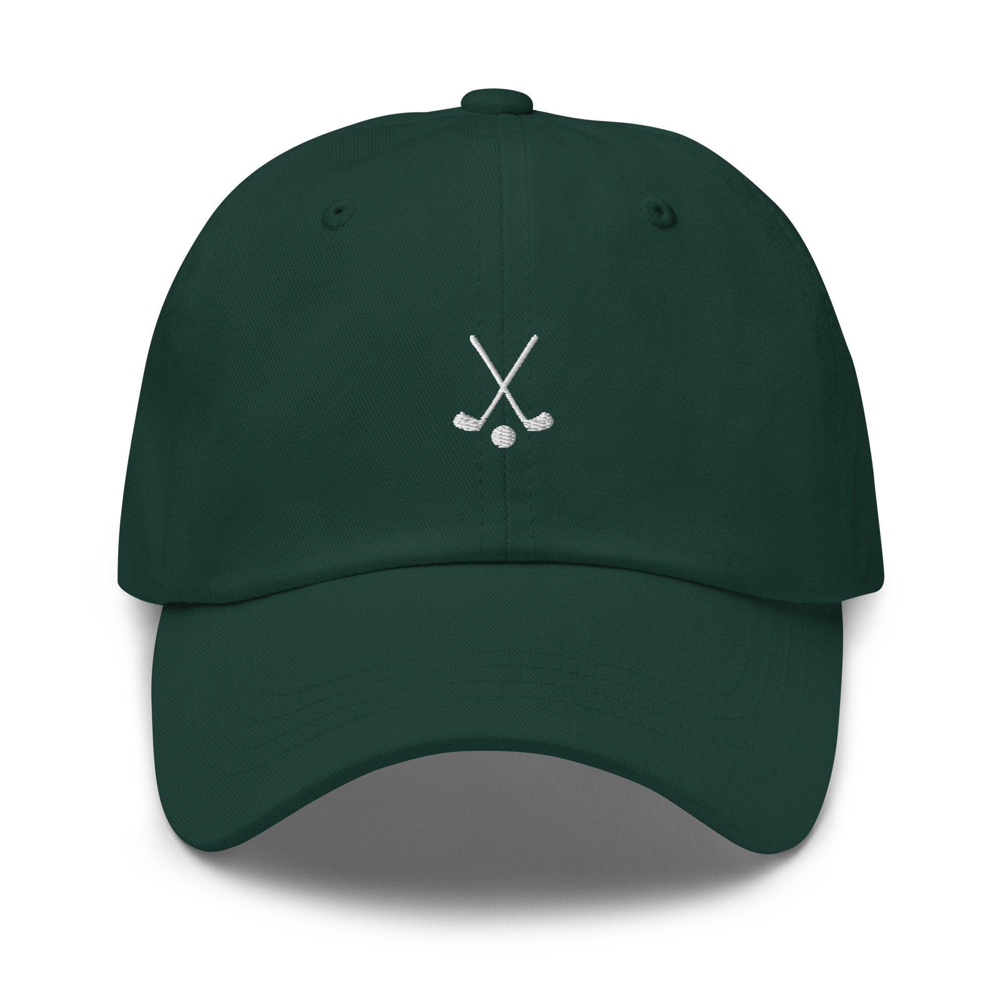 Custom embroidered dark green golf dad hat with crossed golf clubs design and adjustable snapback closure