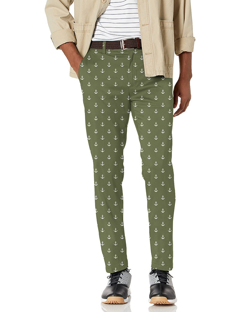 Men's dark green stretch golf pants with anchor pattern and moisture-wicking fabric