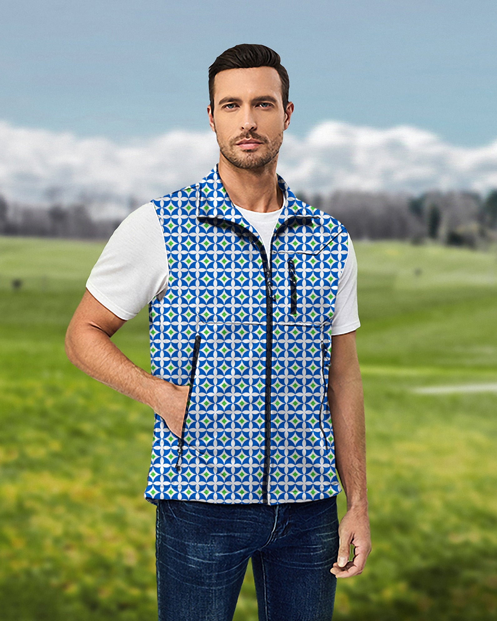 Men's Blue-Green Diamond Lightweight Softshell Vest Sleeveless Jacket for Golf Windproof Waterproof