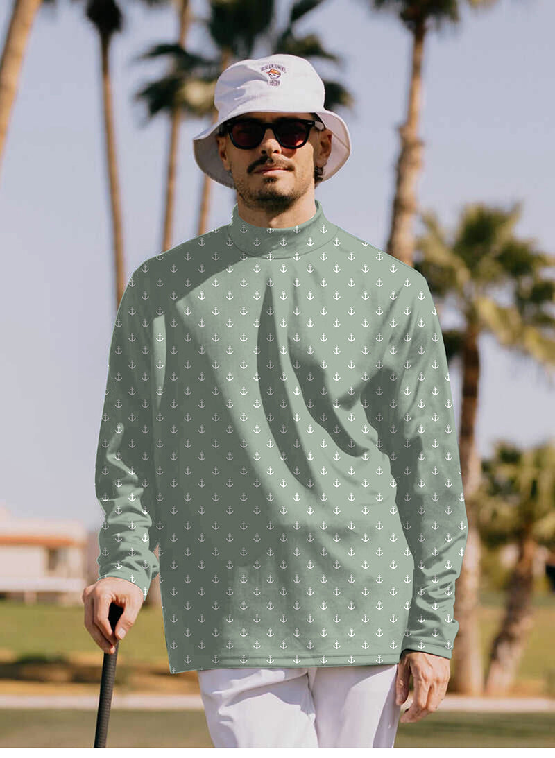 Men's light green anchor pullover high neck long sleeve T-shirt for golf with custom logo options
