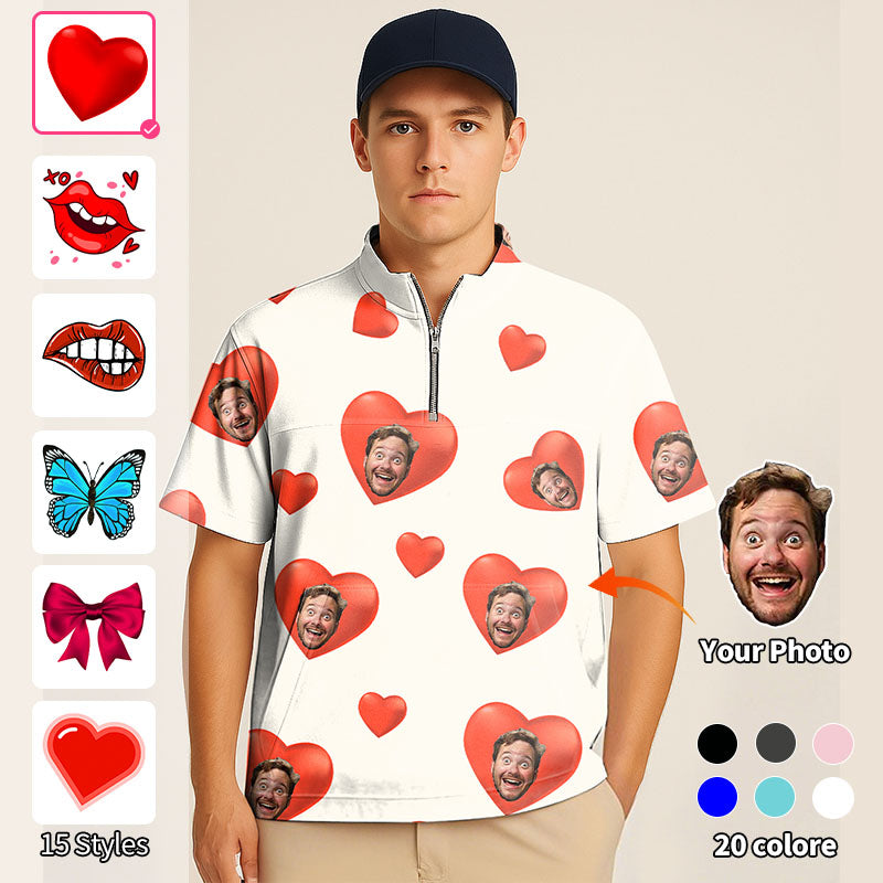 Valentine's Day Half Zipper Turtleneck Golf Short Shirt Custom Photo Face Custom Color White Love Embroidery