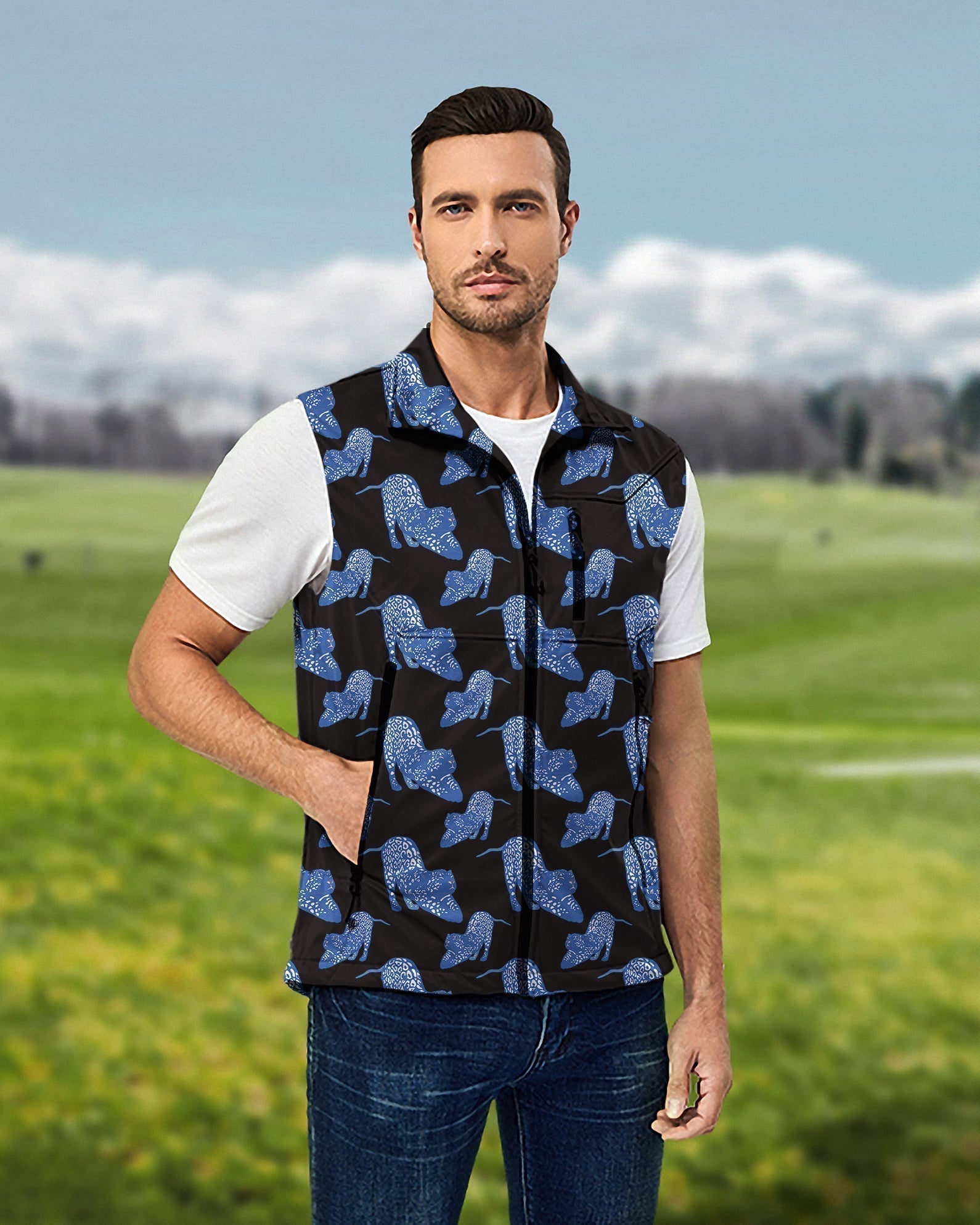 Men's Blue Jaguar Lightweight Softshell Vest Sleeveless Jacket for Golf Windproof Waterproof