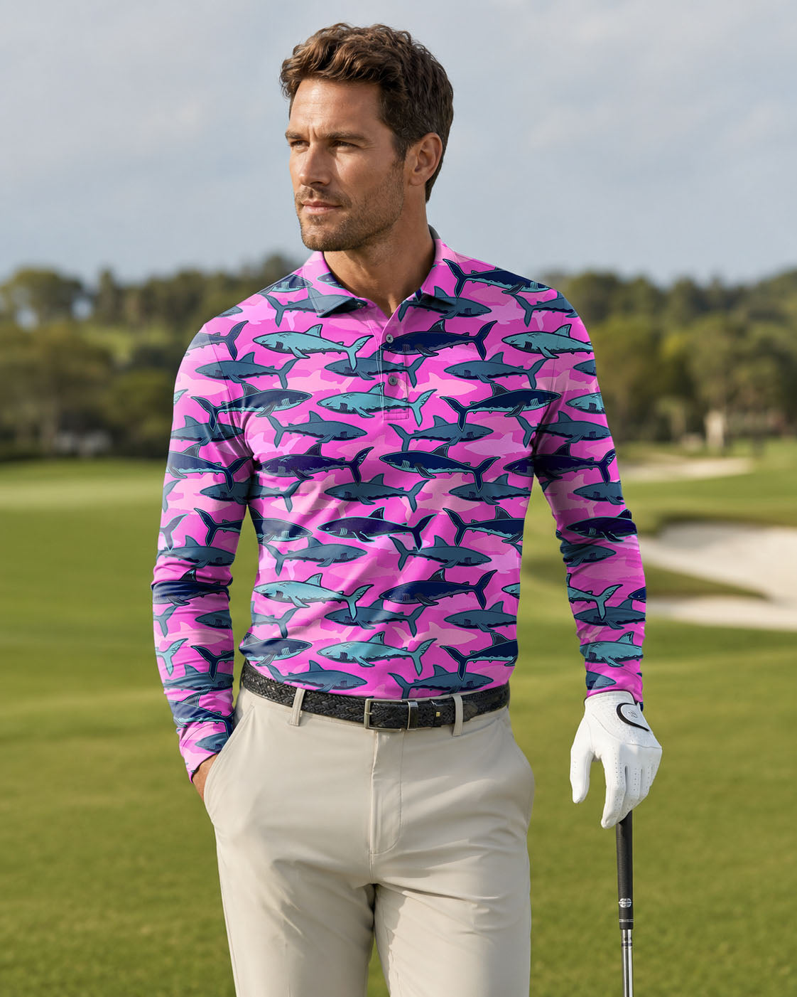 Men's Electric Sharks Pink golf Long-sleeved Polo