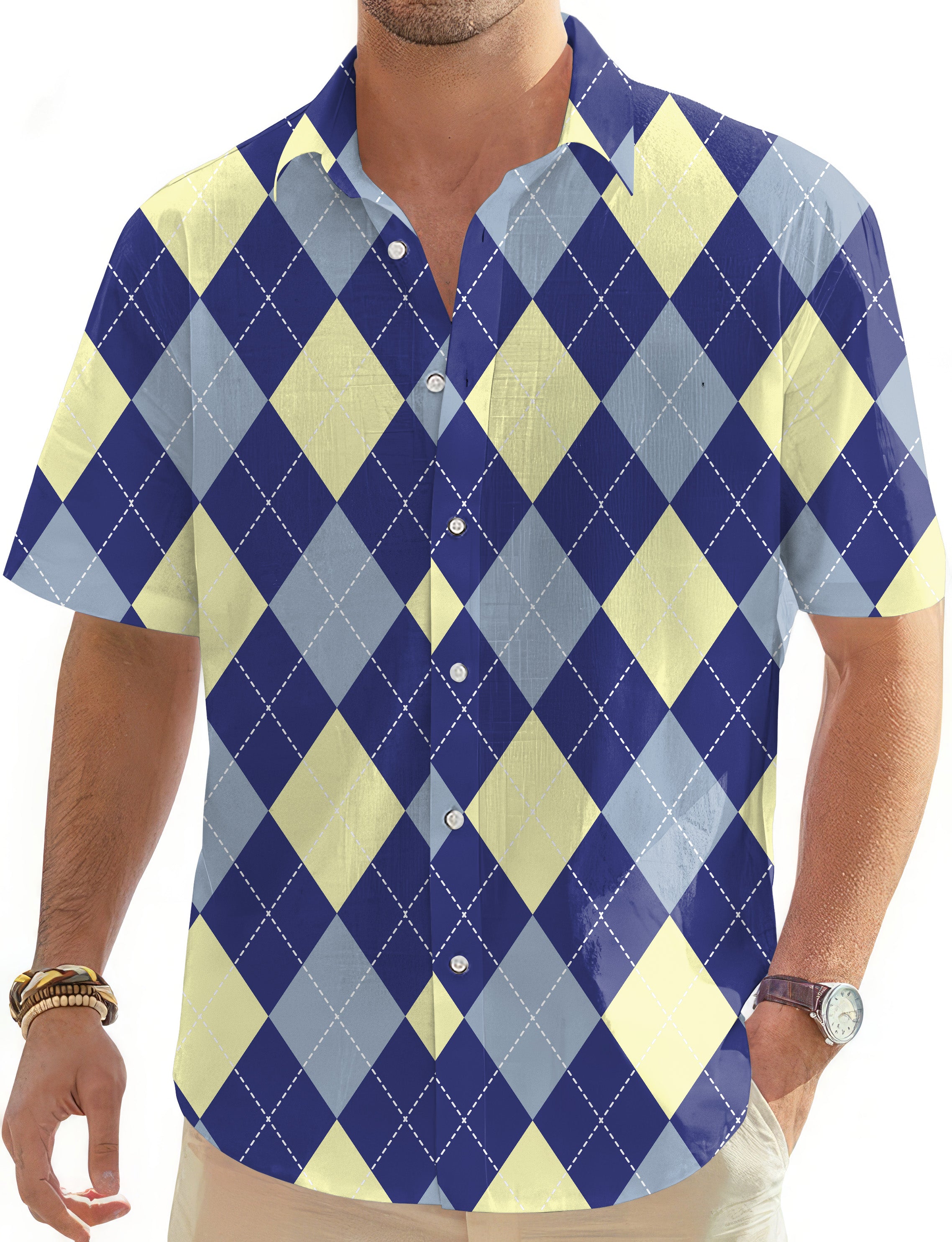 blue Argyle-Men's Golf Hawaiian Shirts Button Down Shirt