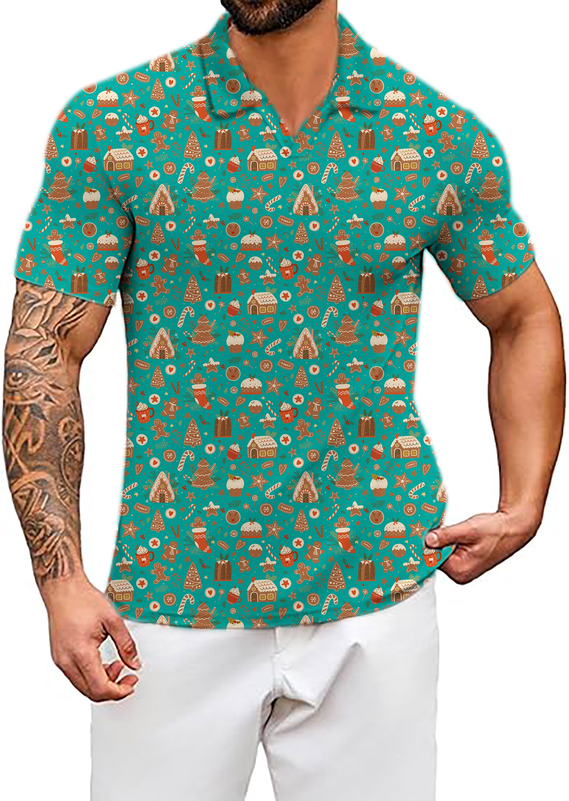 Men's Green Christmas Candy House V Neck Golf Polo Shirts