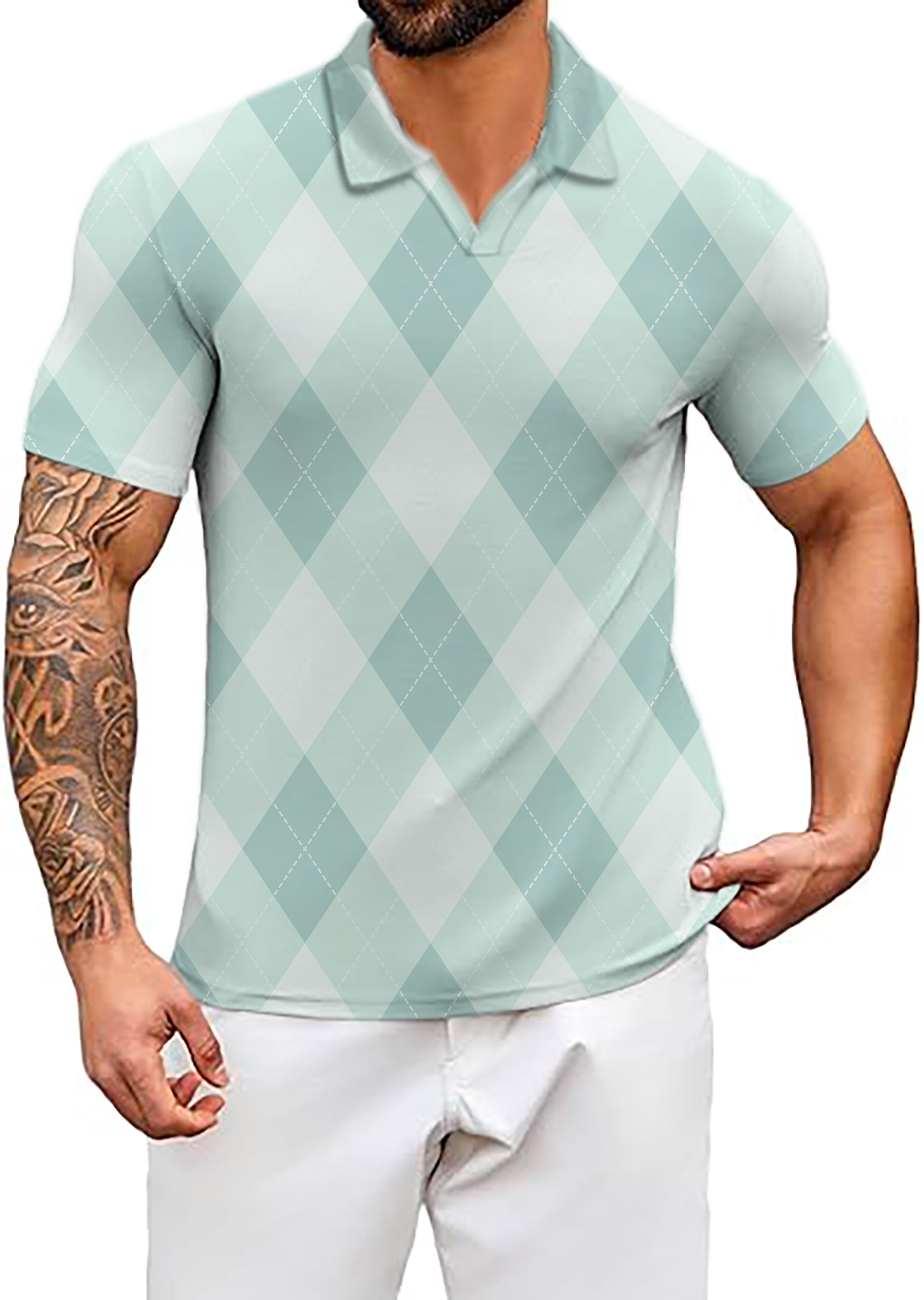 Men's Green Argyle V Neck Golf Polo Shirts