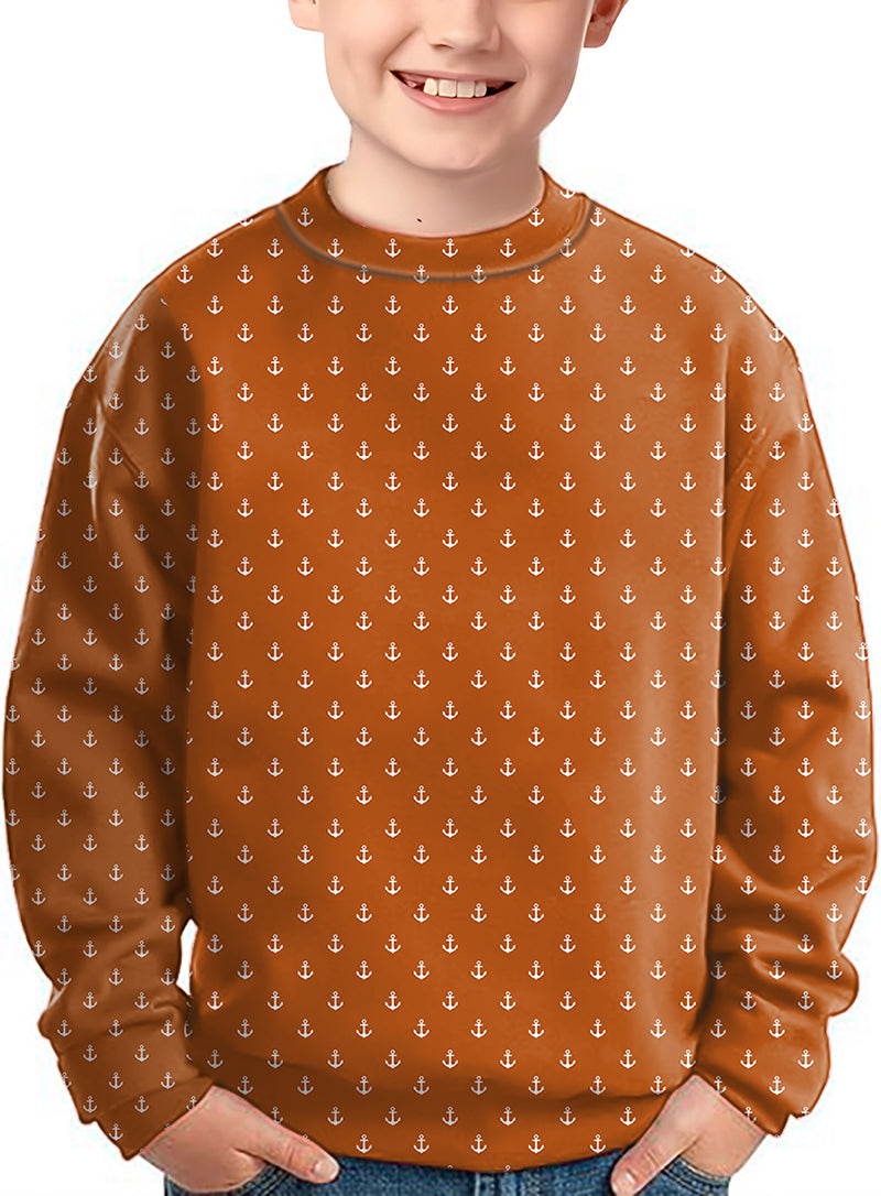 Orange Anchor Crewneck pullover for kids with white anchor pattern