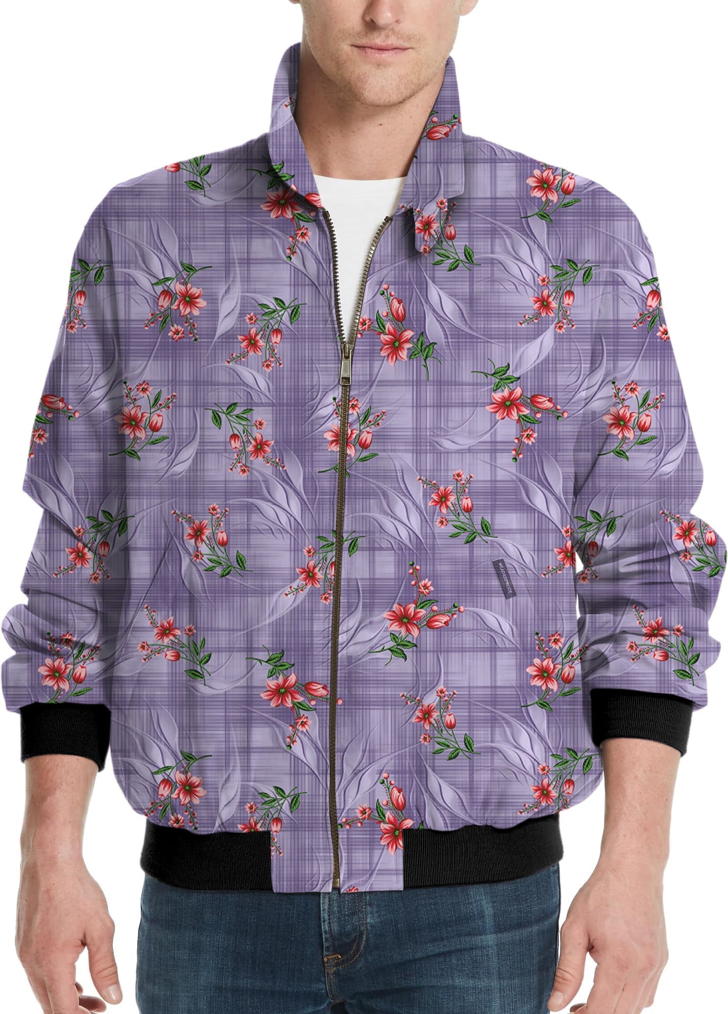 Men's golf windbreaker light jacket with purple flower pattern and zip front