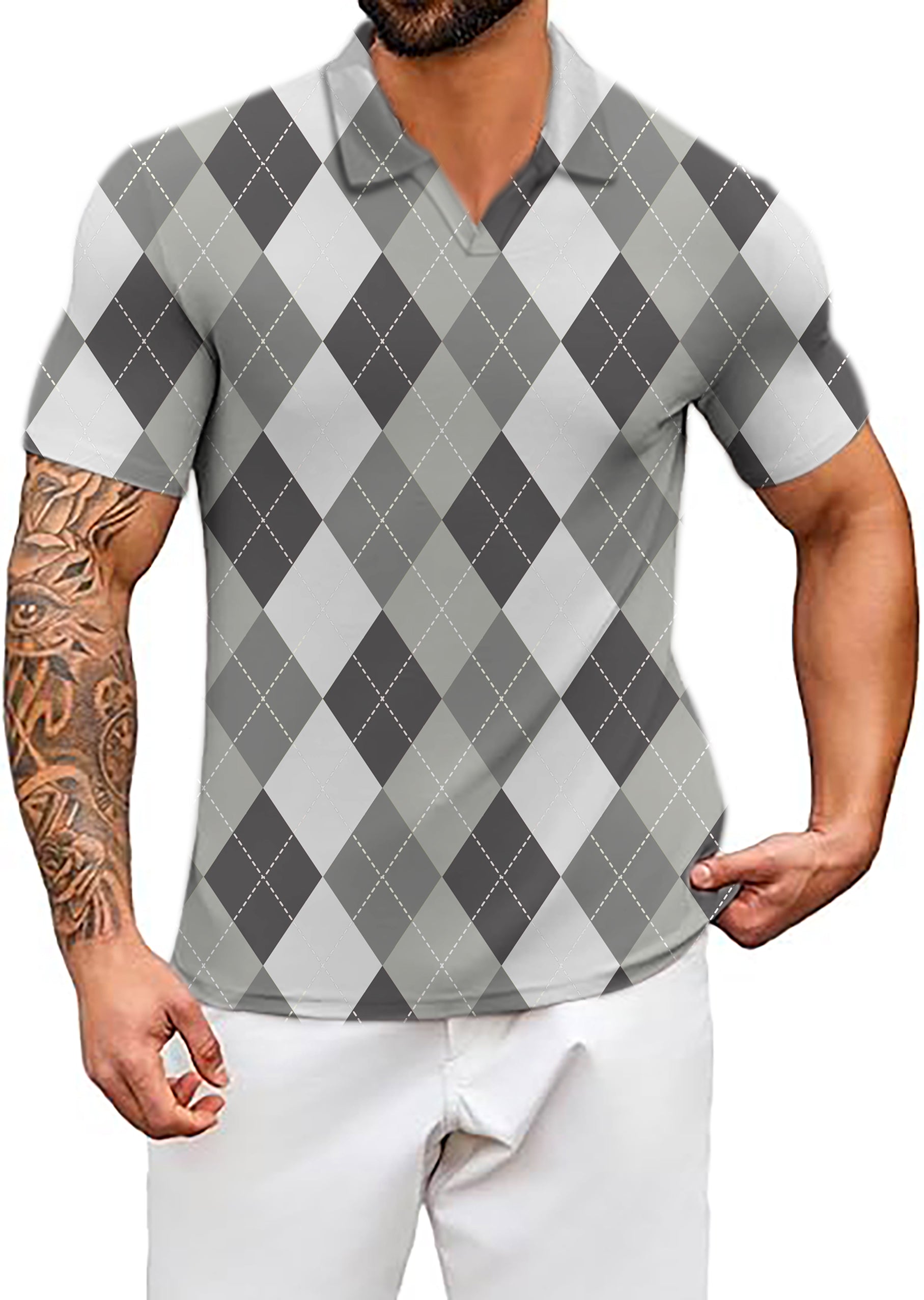 Men's grey Argyle V Neck Golf Polo Shirts