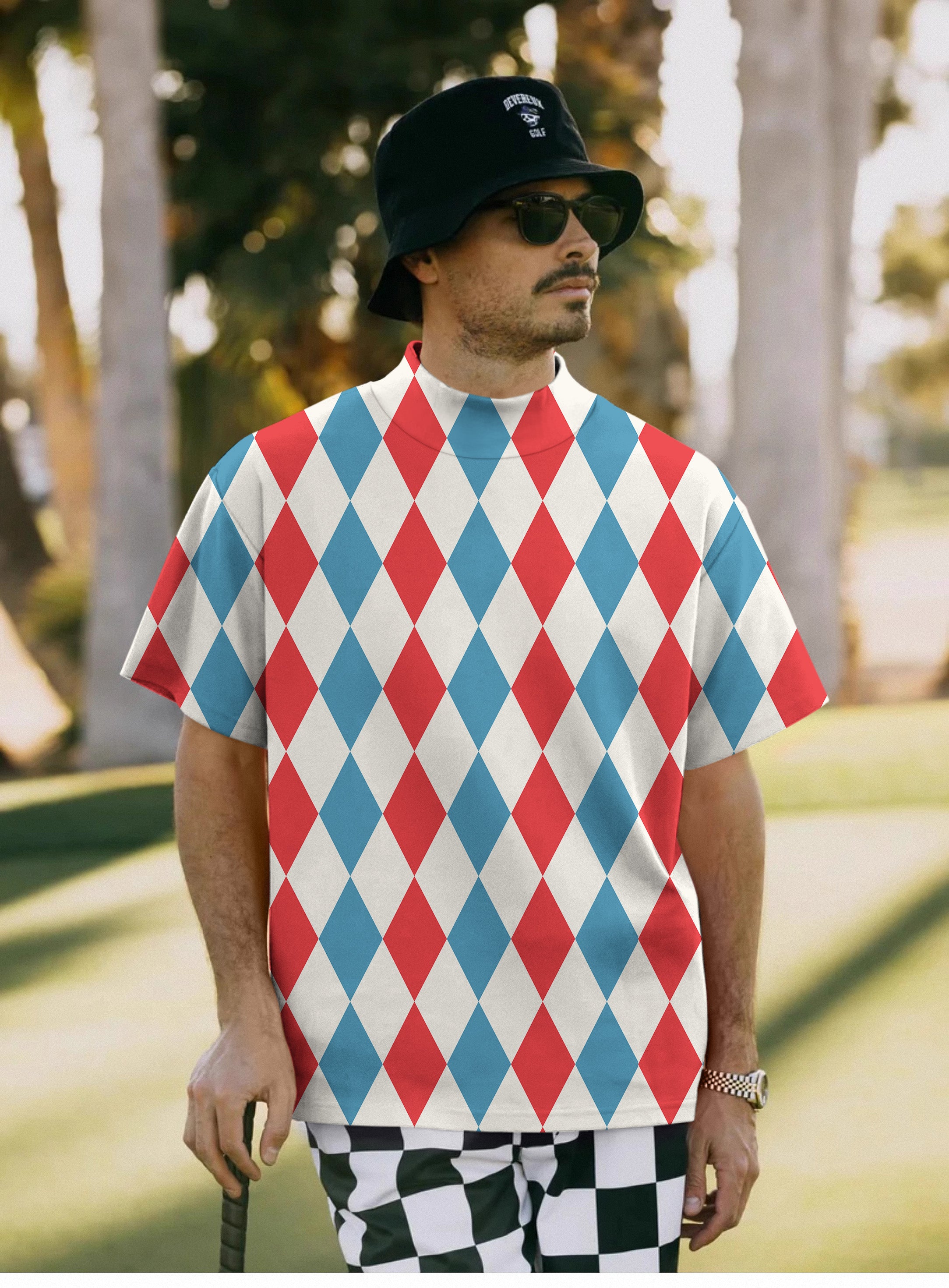 Men's Purple grey Argyle Pullover High neck Long/Short sleeve T-Shirt