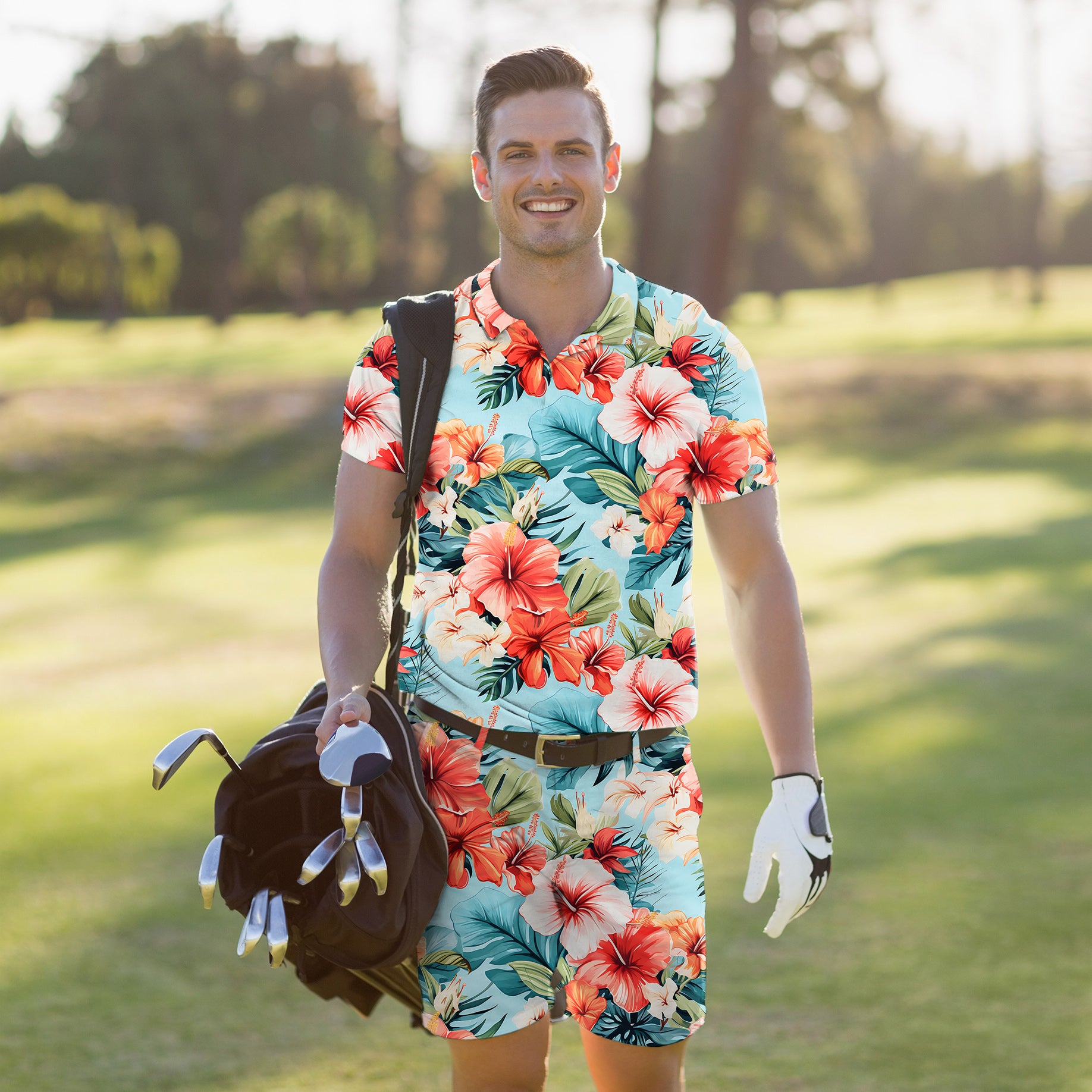 Men's Golf Set Polo+Shorts Hawaiian Flowers Polo