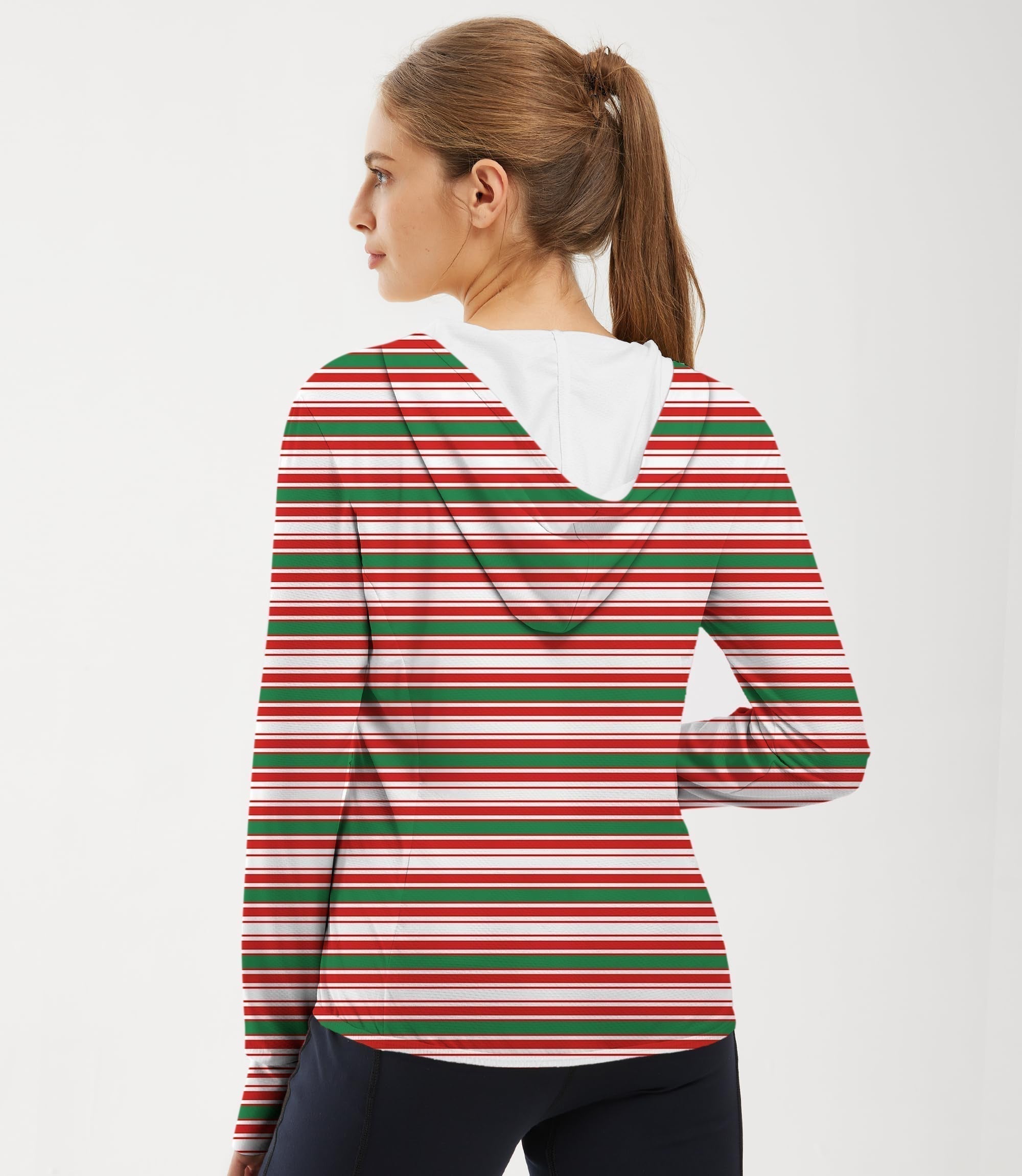 Women's slim fit Christmas striped golf hoodie with UPF 50+ sun protection and thumb holes.