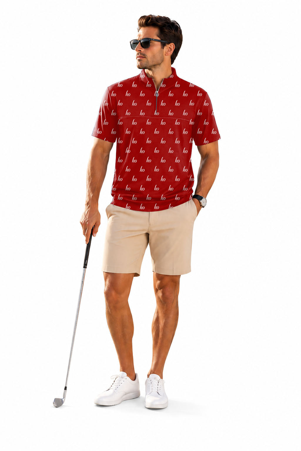 Men's Short Sleeve Quarter Zip Golf Pullover   Red Custom Name Christmas Embroidery
