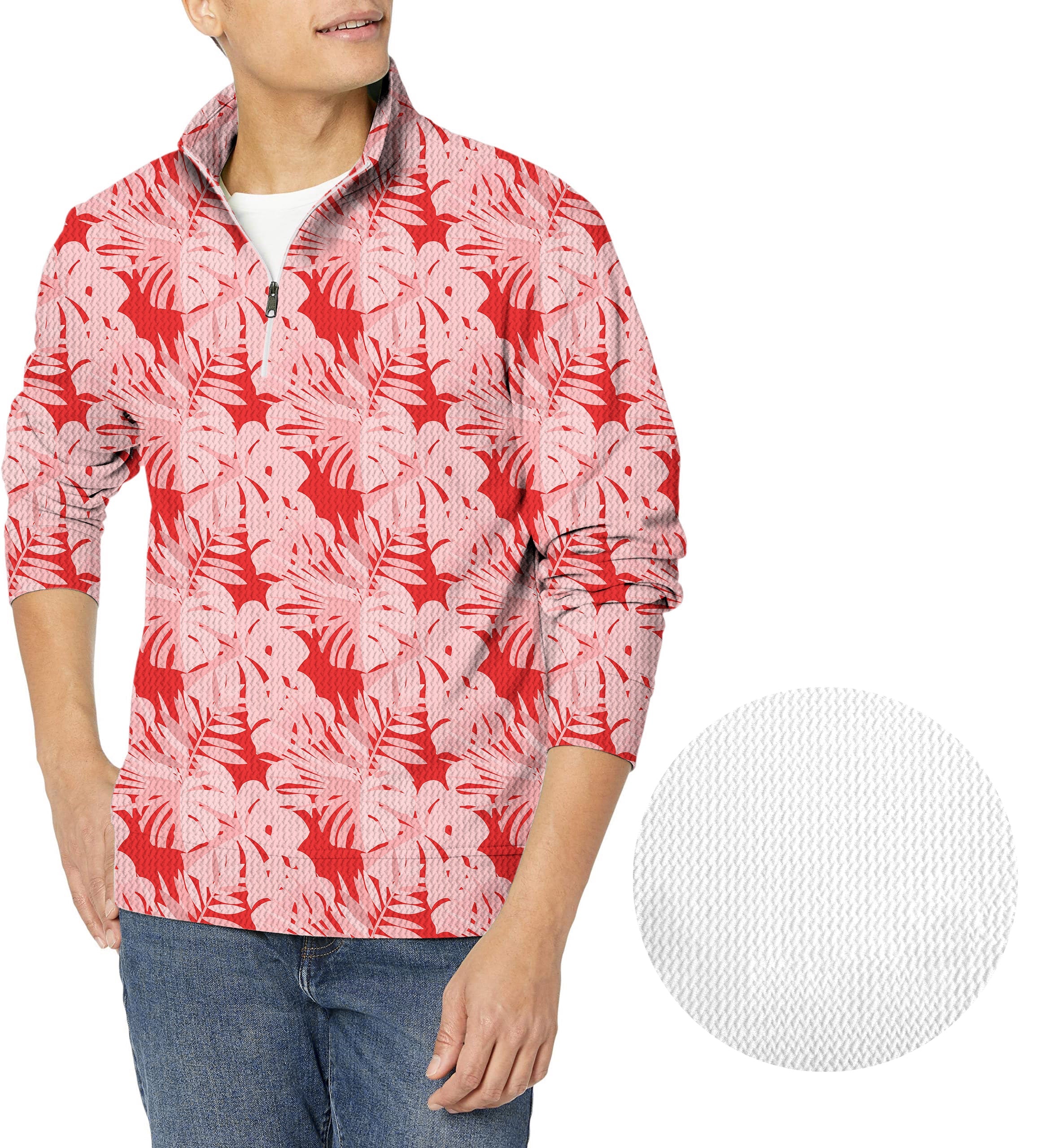 red tropical leaves and plants Men's Golf Waffle Zipper Pullover