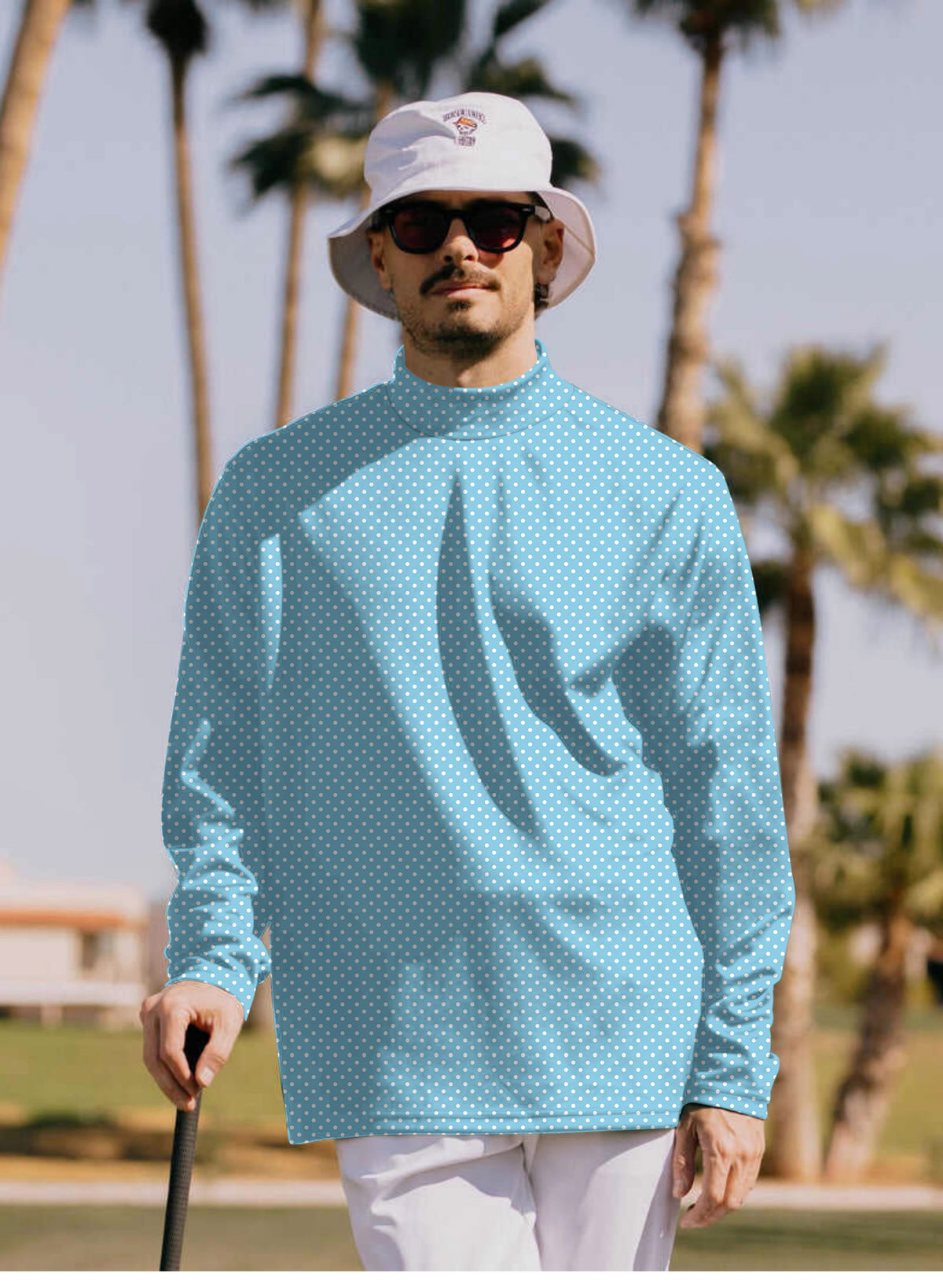 Men's white polka dots blue background Mock Neck Long/Short Sleeve Golf Tops