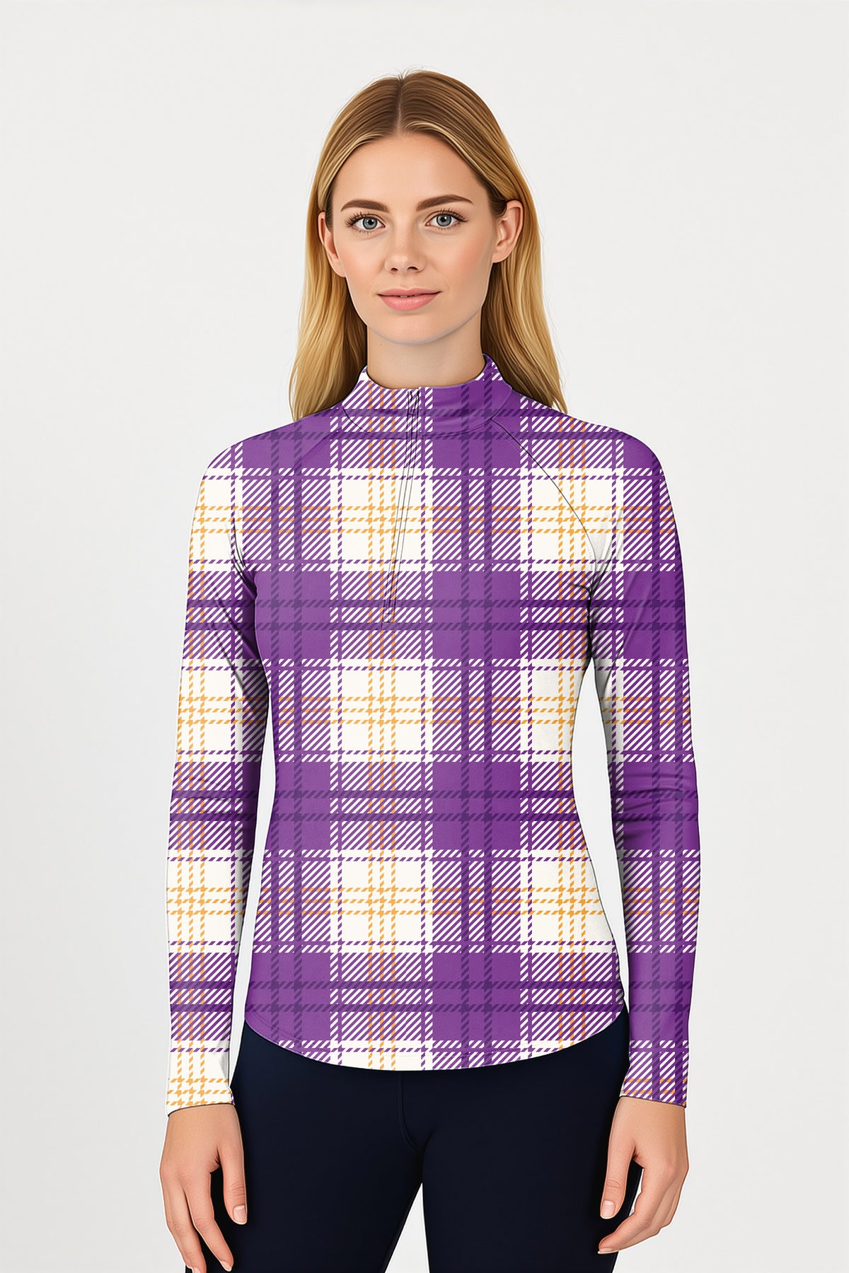 Halloween purple and yellow grid pattern Women's Golf Active 3/4 Zipper Top Long Sleeves