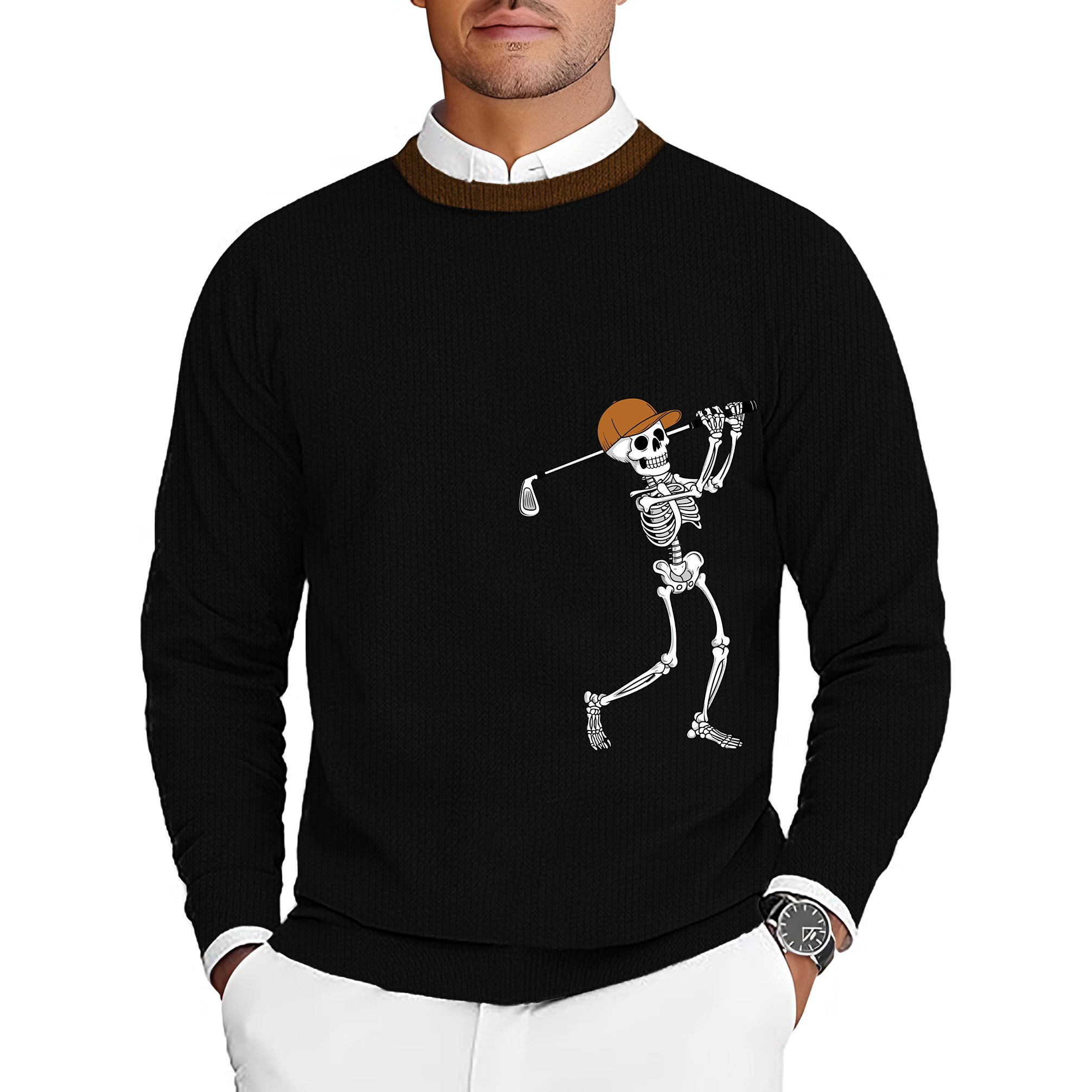 Pumpkin Black Halloween Skeleton Golf Men's Golf Crewneck Pullover Sweaters Ugly Sweater