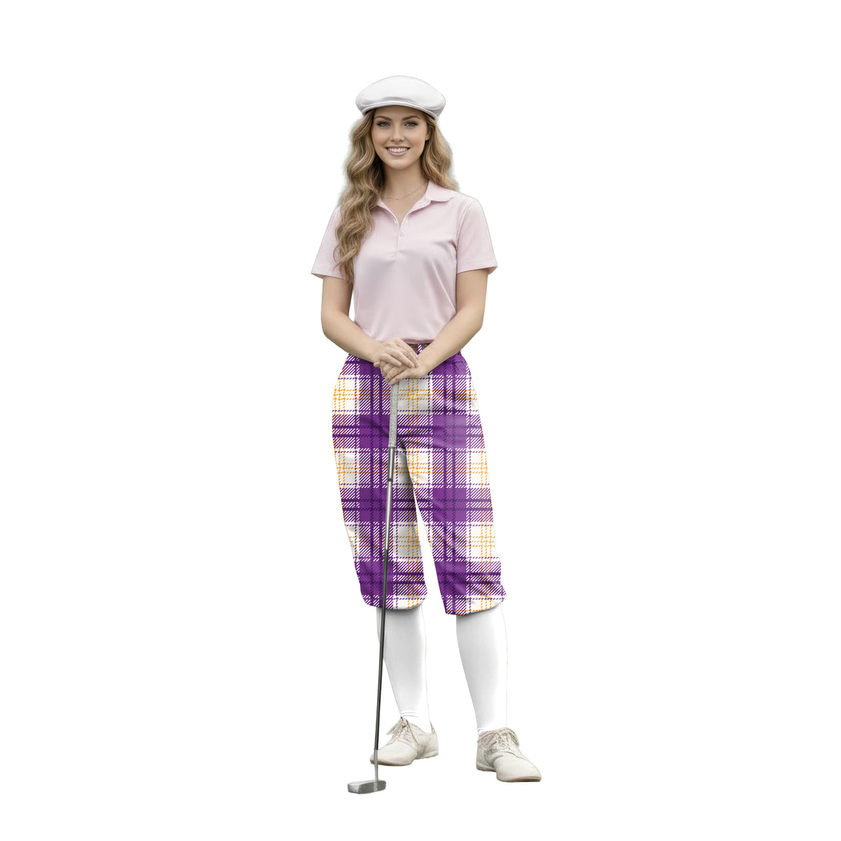 Personalize And Add To Cart Men's Halloween purple and yellow grid pattern Polo Womens Golf Knickers Pants