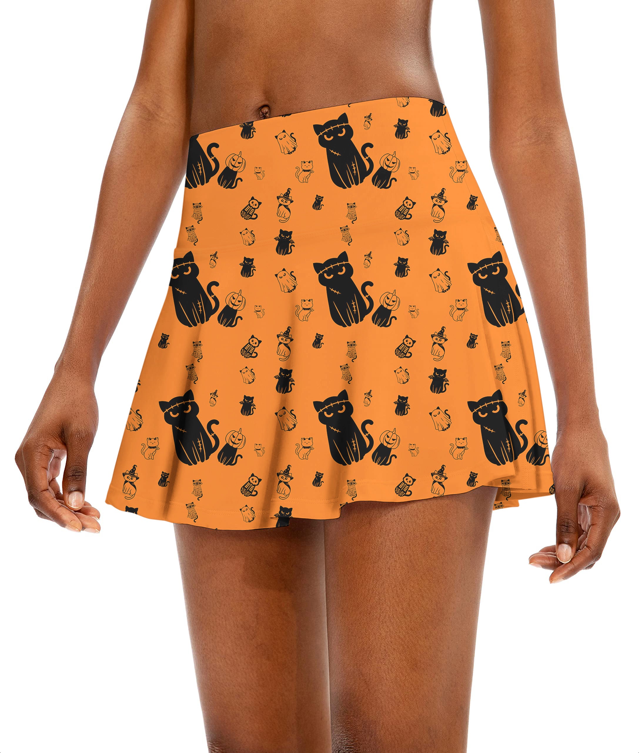 Halloween Cute Cat Custom The Background Color Women's Athletic Golf Skorts Flared Skirts