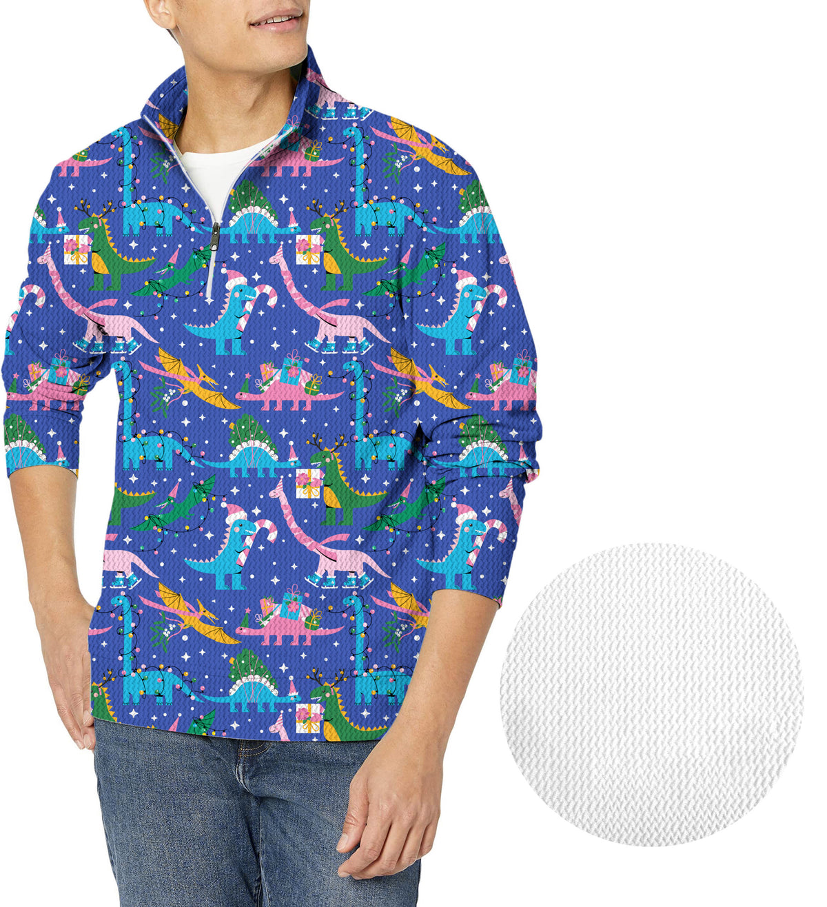 Christmas Dinosaur Men's Golf Waffle Zipper Pullover