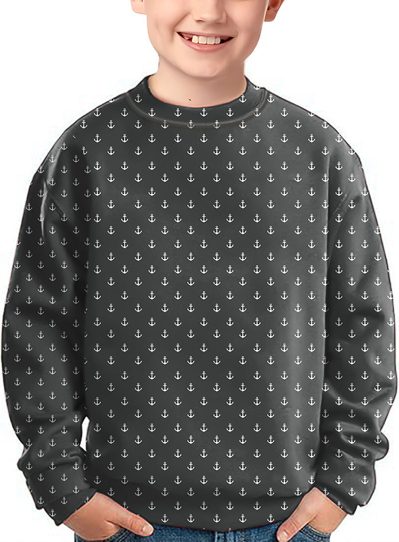 Kids black anchor crewneck pullover with white anchor pattern and crew neck design