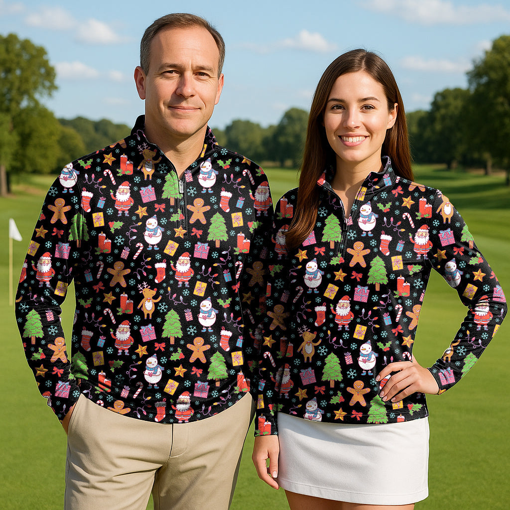 Merry Christmas Couple wearing festive golf 3/4 zip tops with holiday print, lightweight and sun-safe fabric