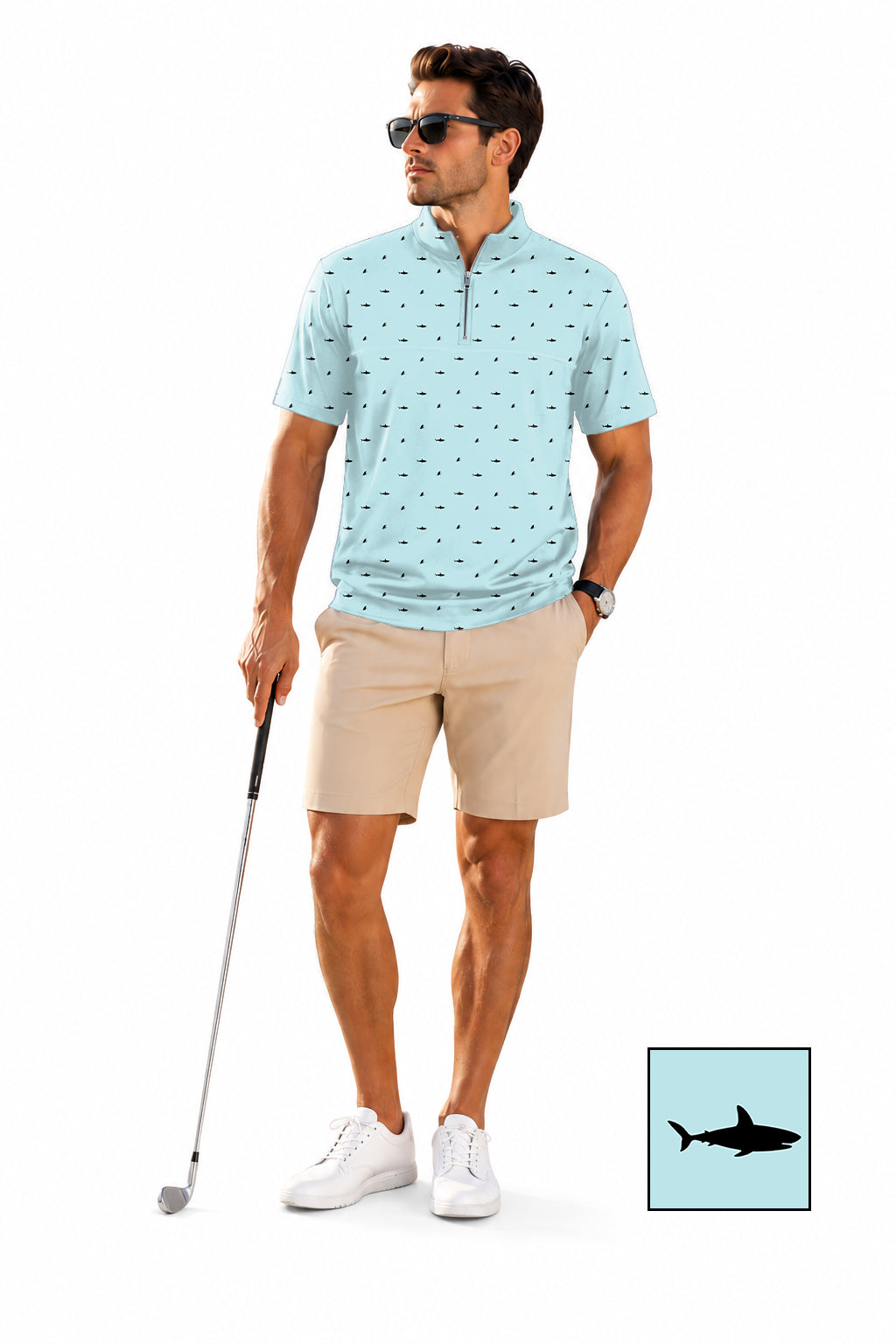 Men's Short Sleeve Quarter Zip Golf Pullover   Black Shark and Fin  The Background Color Embroidery
